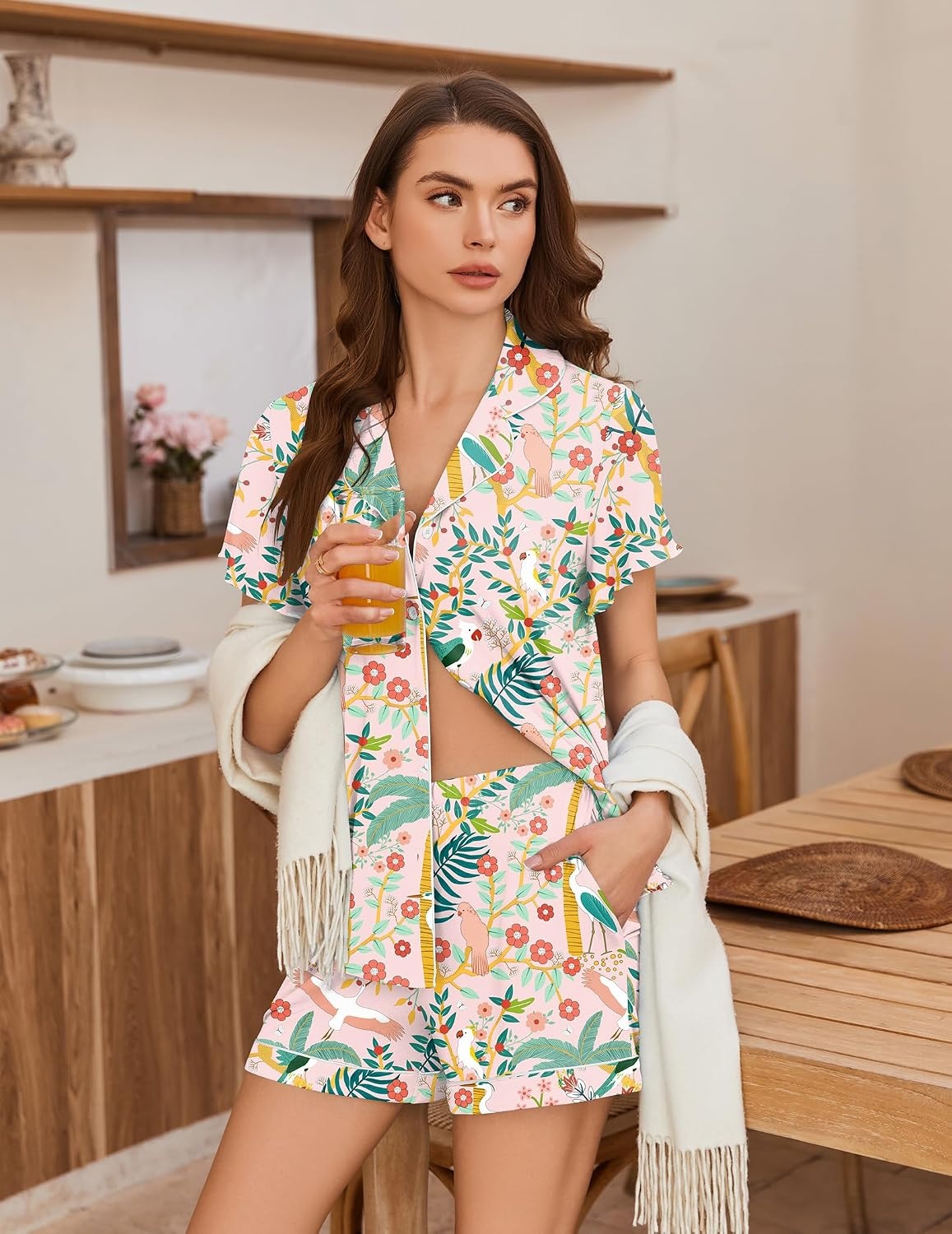 image:imageEkouaer Pajamas for Women Set Button Up Bridal Pjs Ruffle SleeveTropical Print
