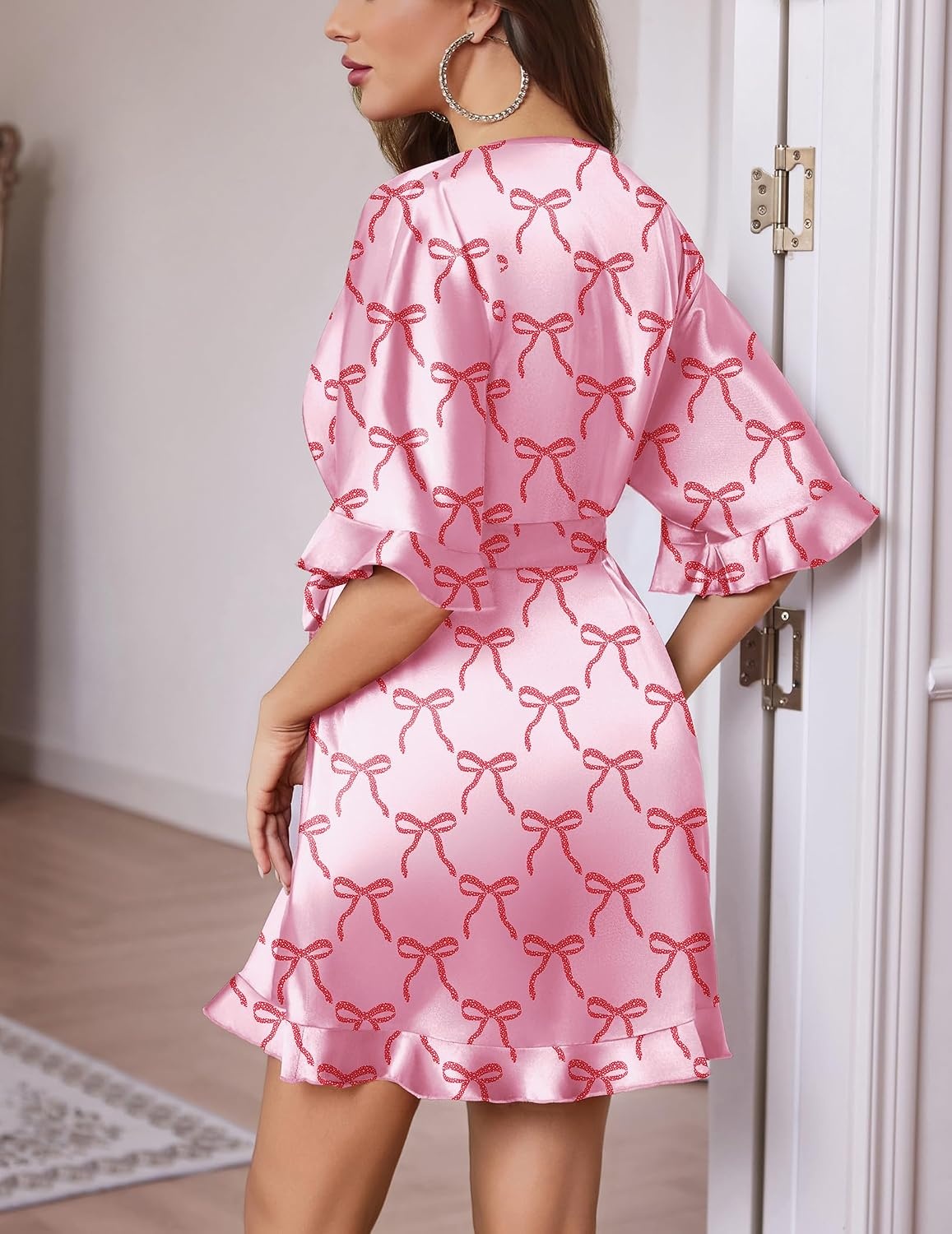 image:imageEkouaer Silk Robes for Women Short Lightweight Bathrobe Satin Kimono RobesBow Pink
