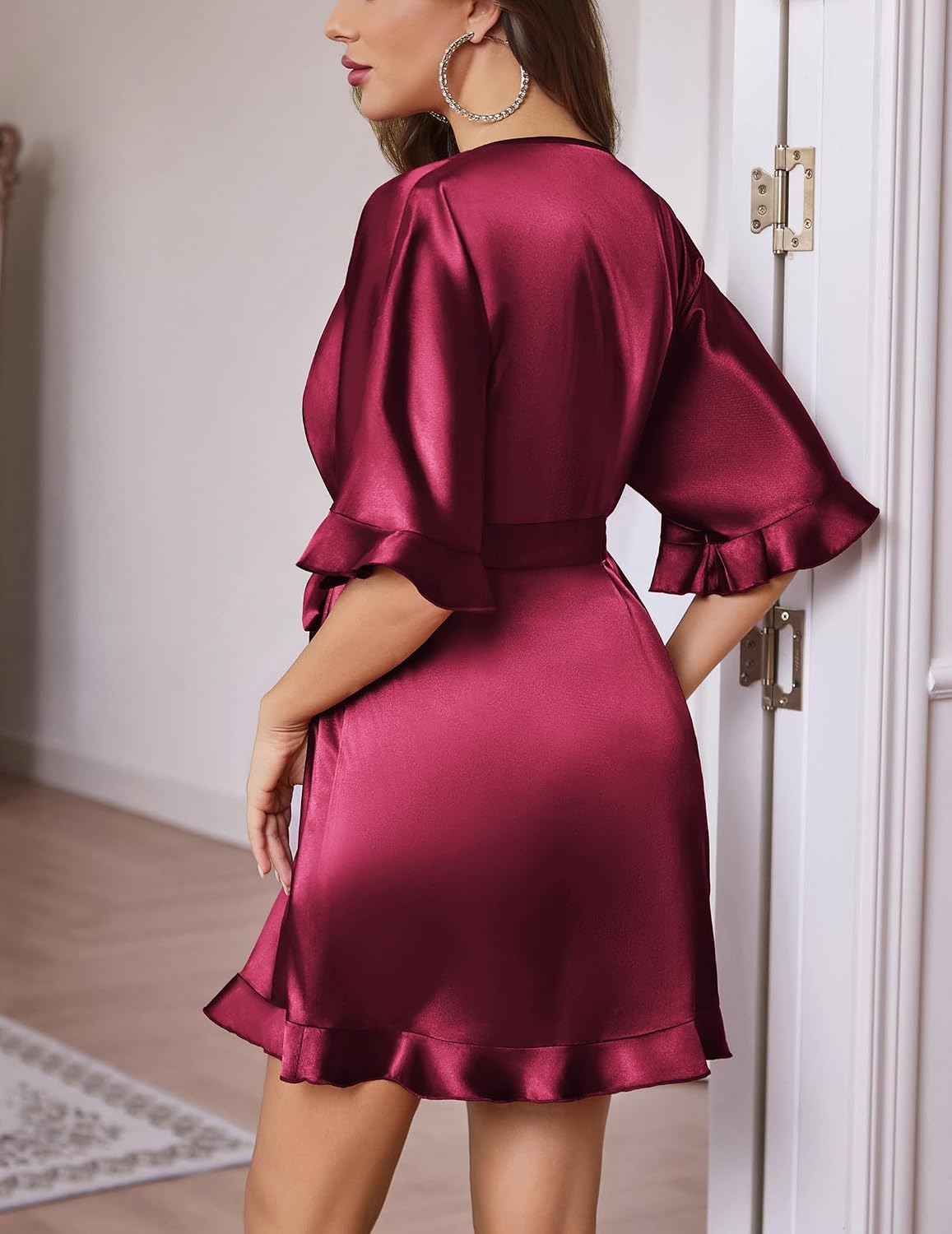 image:imageEkouaer Silk Robes for Women Short Lightweight Bathrobe Satin Kimono RobesWine Red