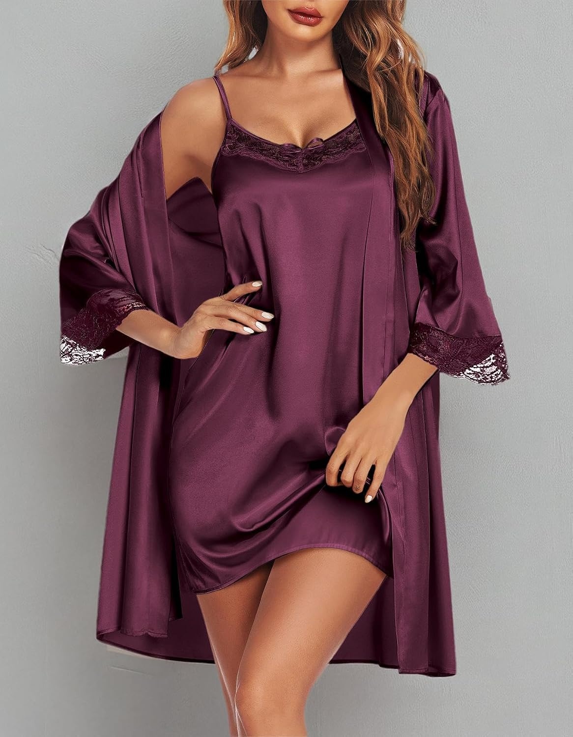 image:imageEkouaer Sleepwear Womens Satin Nightgown with Robes Set 2 PiecePlum Red