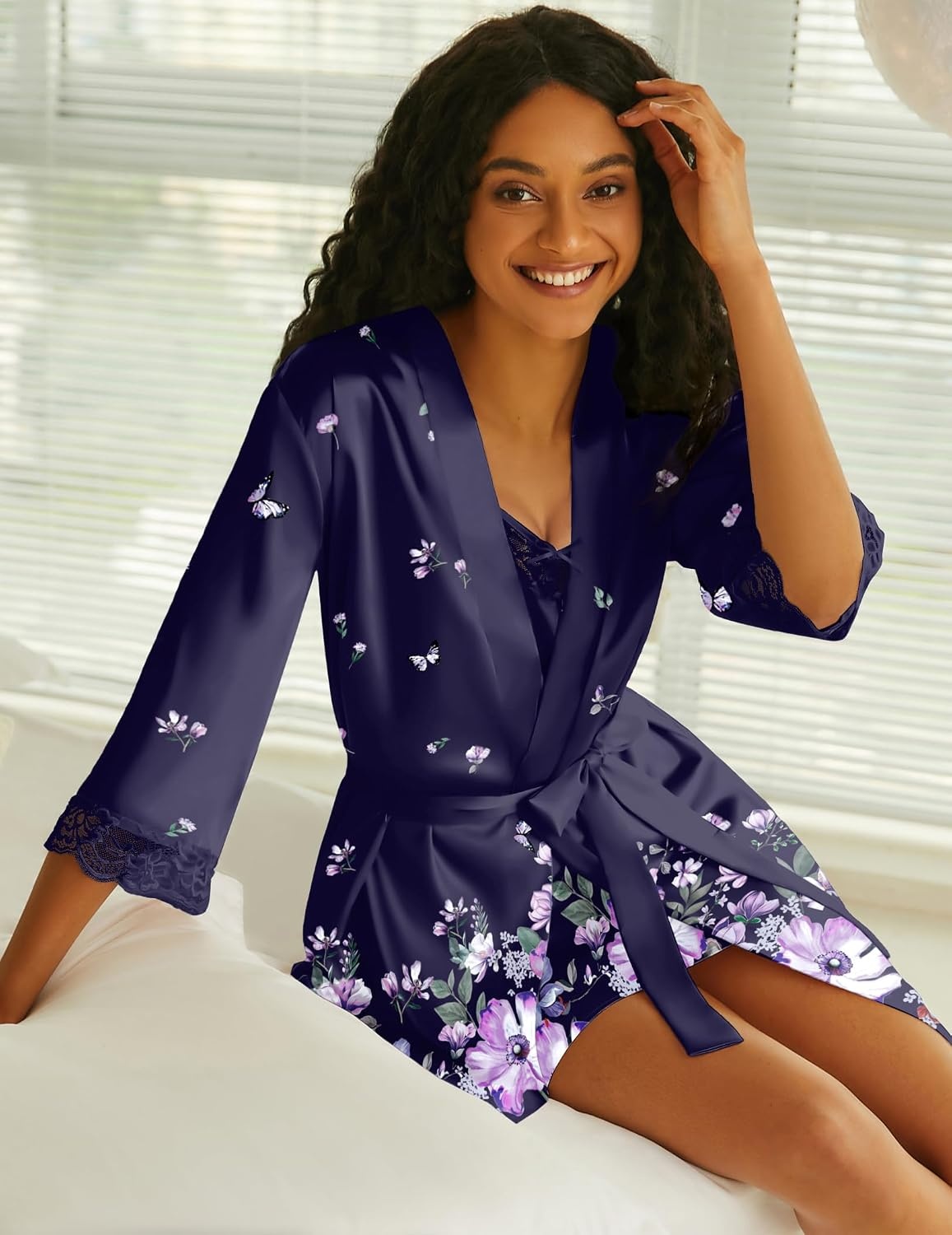 image:imageEkouaer Sleepwear Womens Satin Nightgown with Robes Set 2 PiecePurple Floral