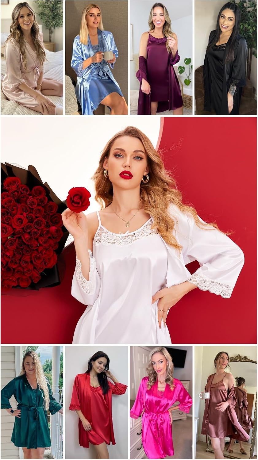 image:imageEkouaer Sleepwear Womens Satin Nightgown with Robes Set 2 PieceWhite