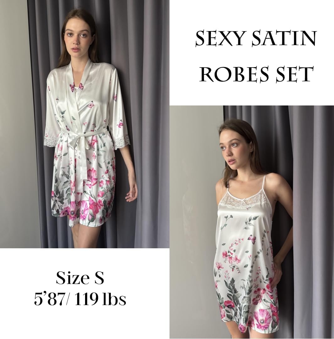 image:imageEkouaer Sleepwear Womens Satin Nightgown with Robes Set 2 PieceWhite Floral