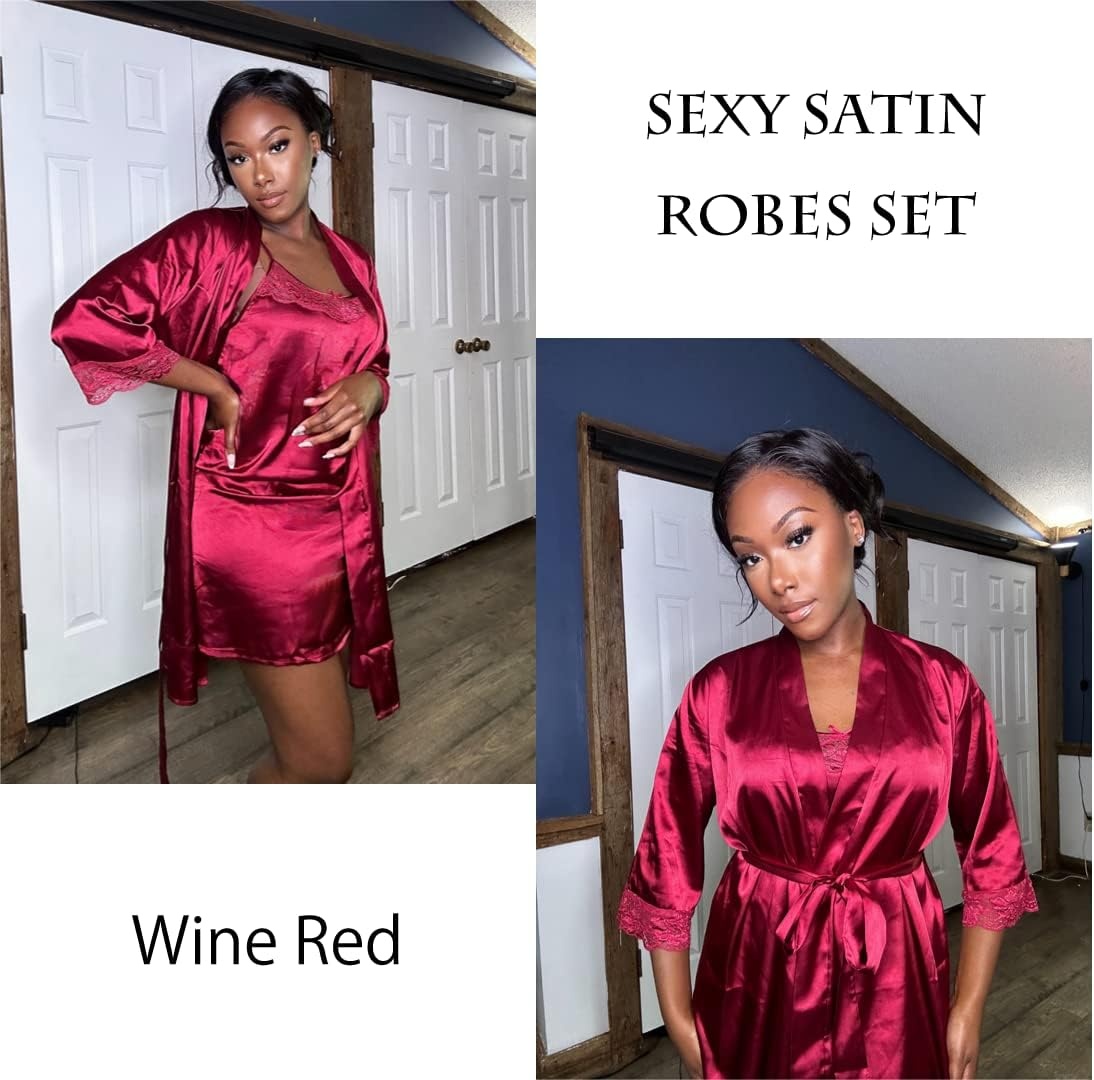 image:imageEkouaer Sleepwear Womens Satin Nightgown with Robes Set 2 PieceWine Red