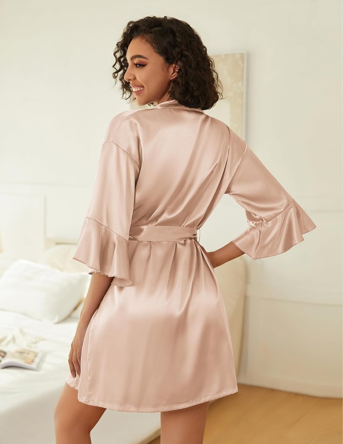 image:imageEkouaer Women Silk Robe Set V Neck 2 Piece Bridal Robe Satin Bathrobe SetBeige