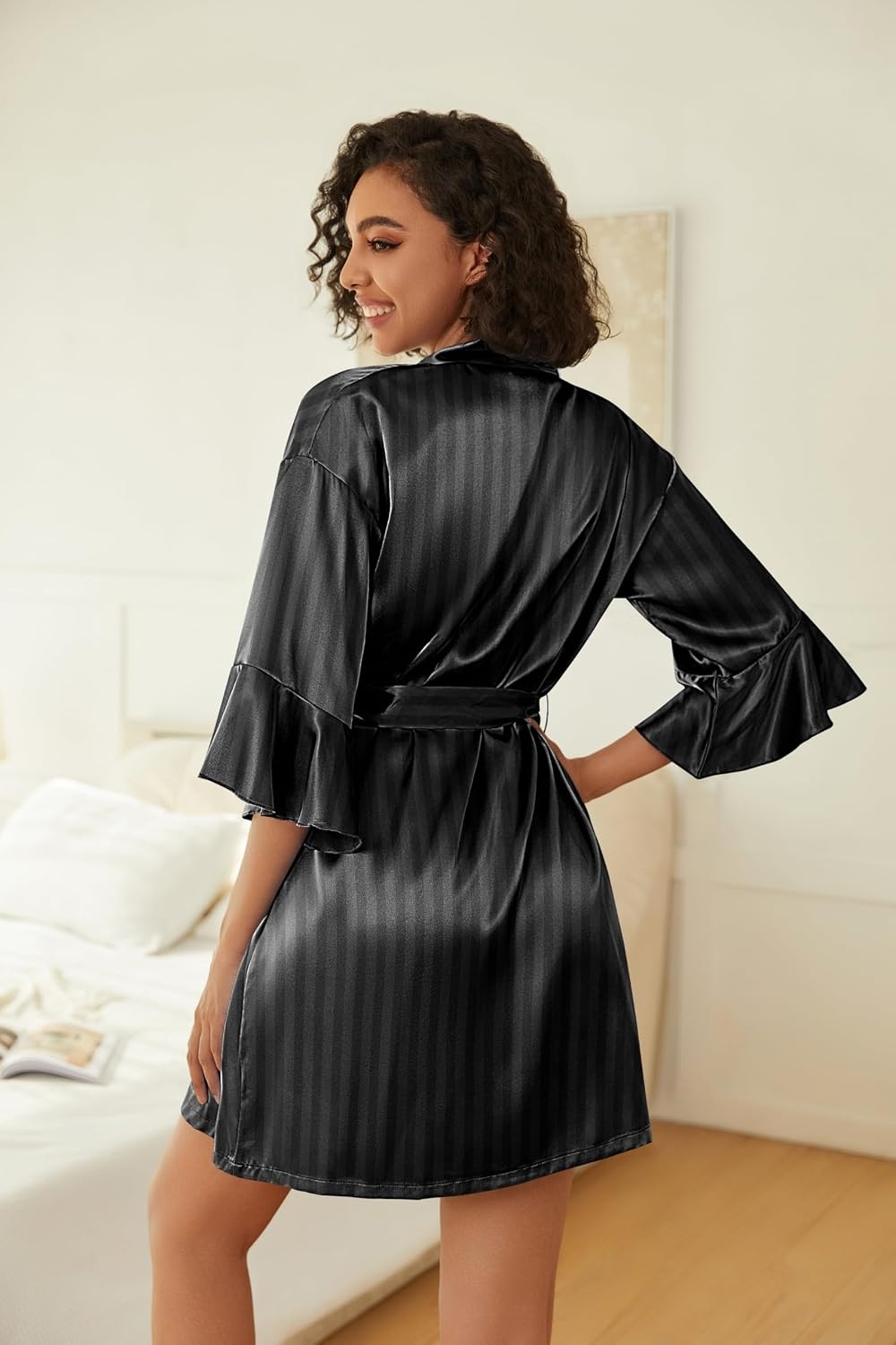 image:imageEkouaer Women Silk Robe Set V Neck 2 Piece Bridal Robe Satin Bathrobe SetBlack Leopard
