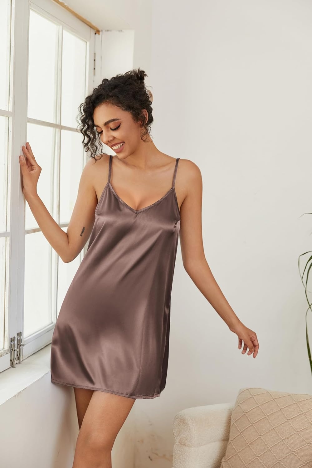 image:imageEkouaer Women Silk Robe Set V Neck 2 Piece Bridal Robe Satin Bathrobe SetBrown