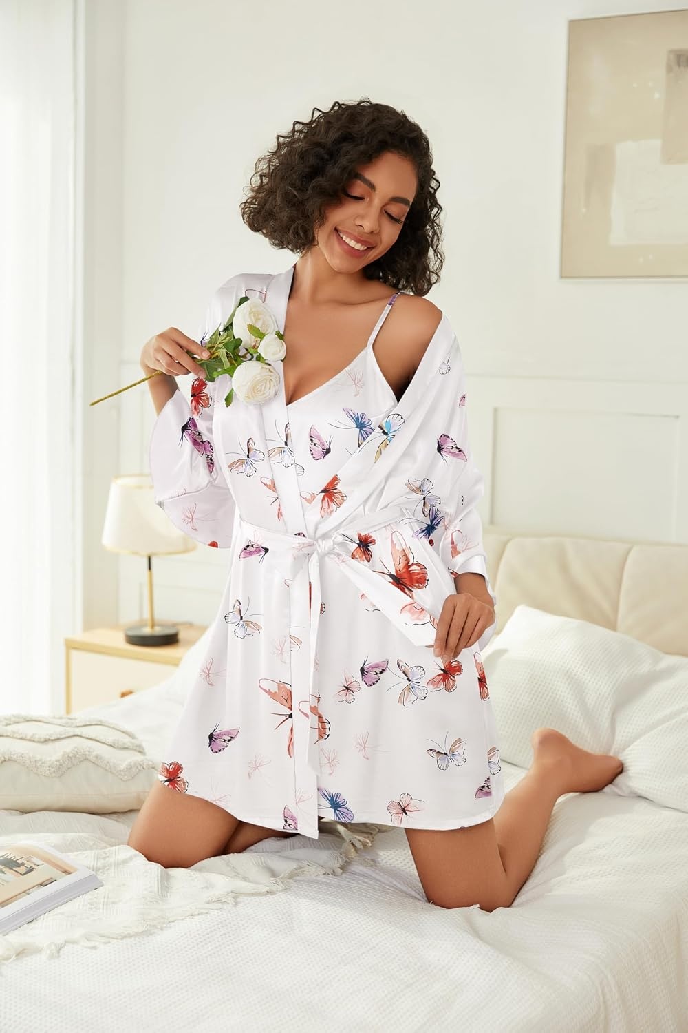 image:imageEkouaer Women Silk Robe Set V Neck 2 Piece Bridal Robe Satin Bathrobe SetButterfly