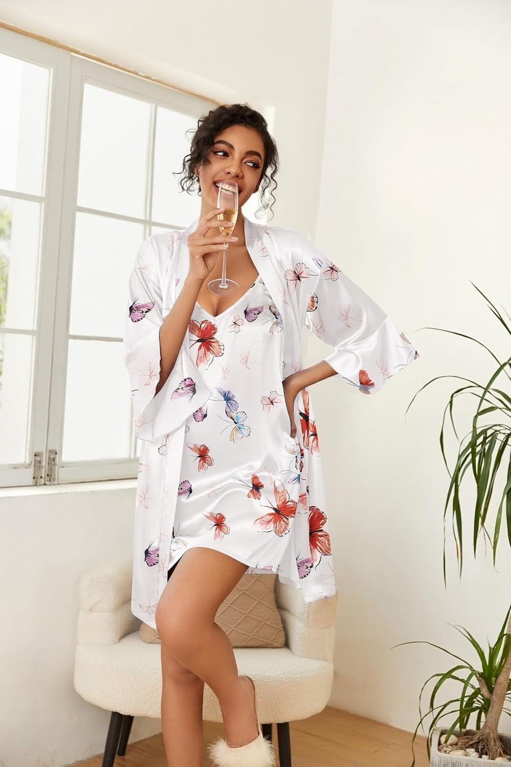 image:imageEkouaer Women Silk Robe Set V Neck 2 Piece Bridal Robe Satin Bathrobe SetButterfly