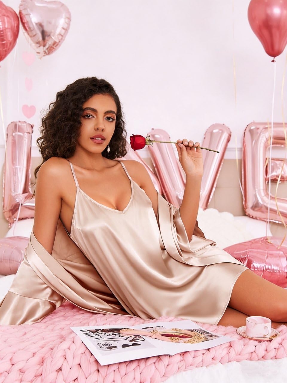 image:imageEkouaer Women Silk Robe Set V Neck 2 Piece Bridal Robe Satin Bathrobe SetChampagne