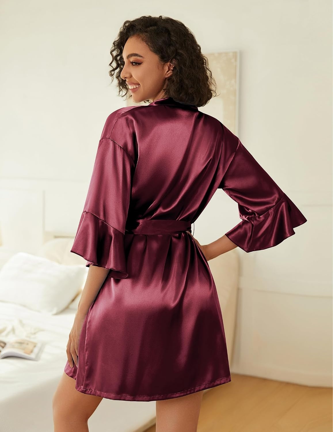 image:imageEkouaer Women Silk Robe Set V Neck 2 Piece Bridal Robe Satin Bathrobe SetDark Red