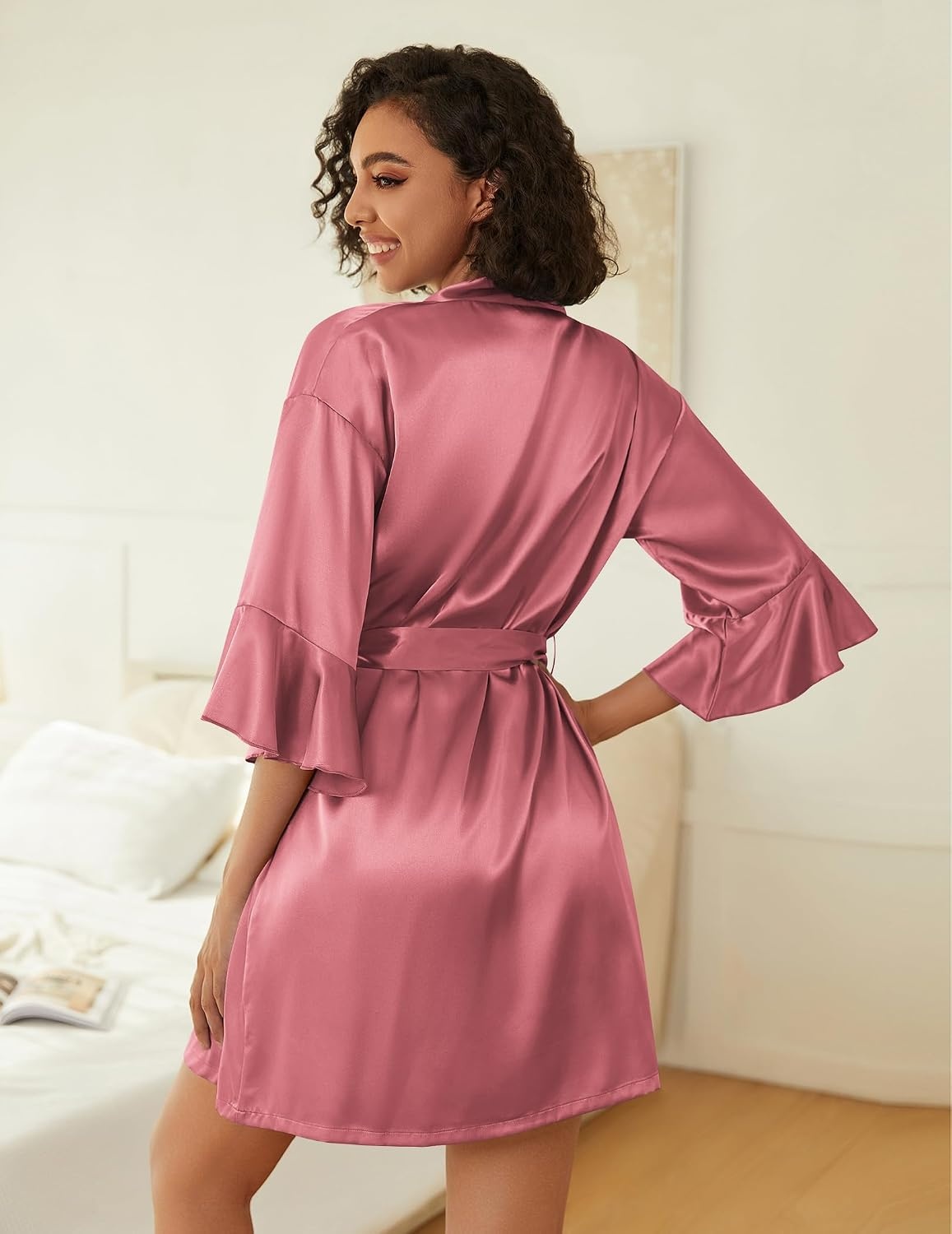 image:imageEkouaer Women Silk Robe Set V Neck 2 Piece Bridal Robe Satin Bathrobe SetGray Purple