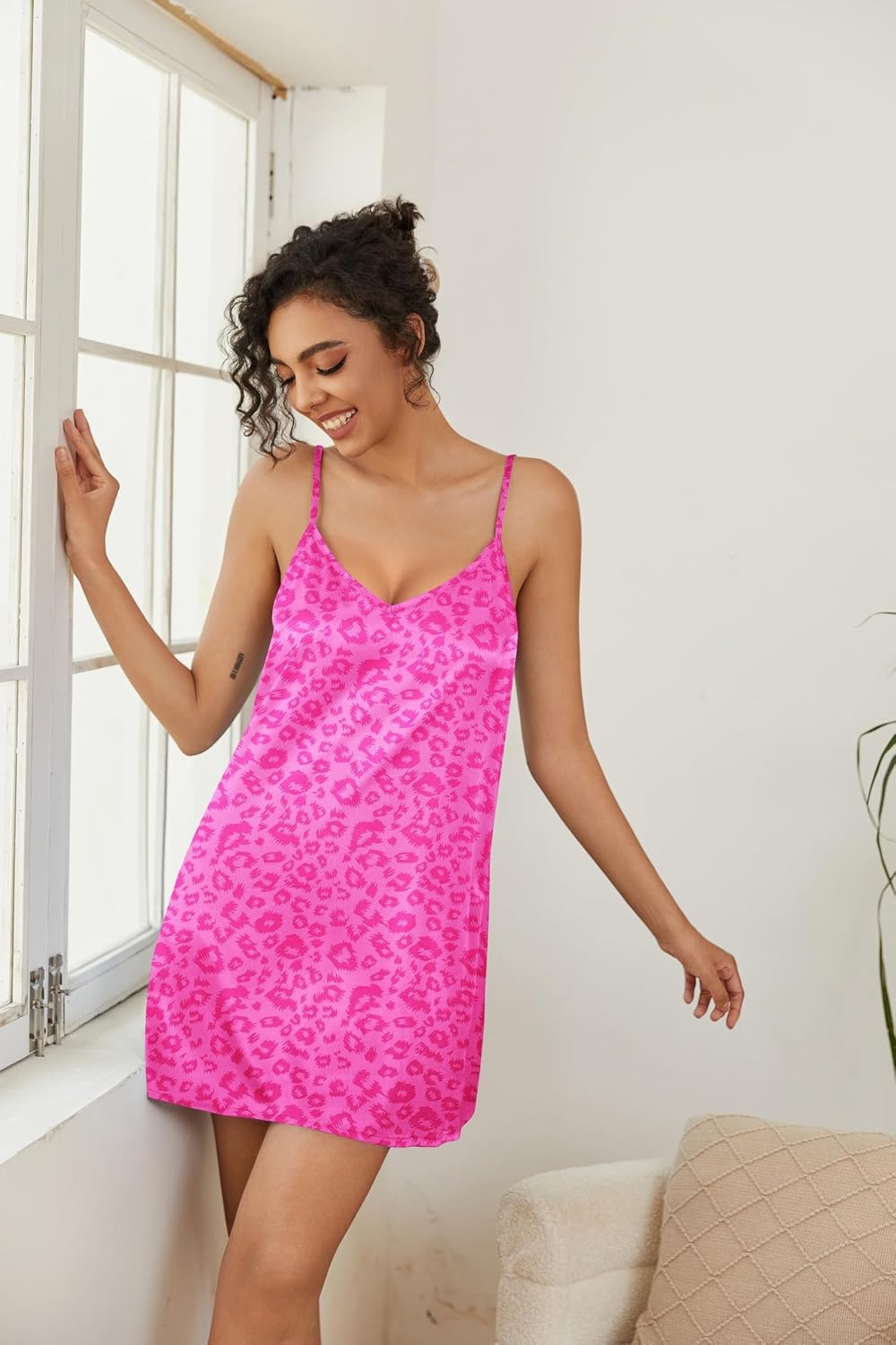 image:imageEkouaer Women Silk Robe Set V Neck 2 Piece Bridal Robe Satin Bathrobe SetHot Pink Leopard
