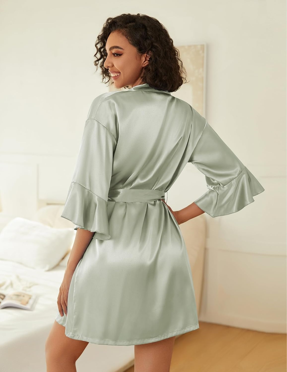 image:imageEkouaer Women Silk Robe Set V Neck 2 Piece Bridal Robe Satin Bathrobe SetLight Green