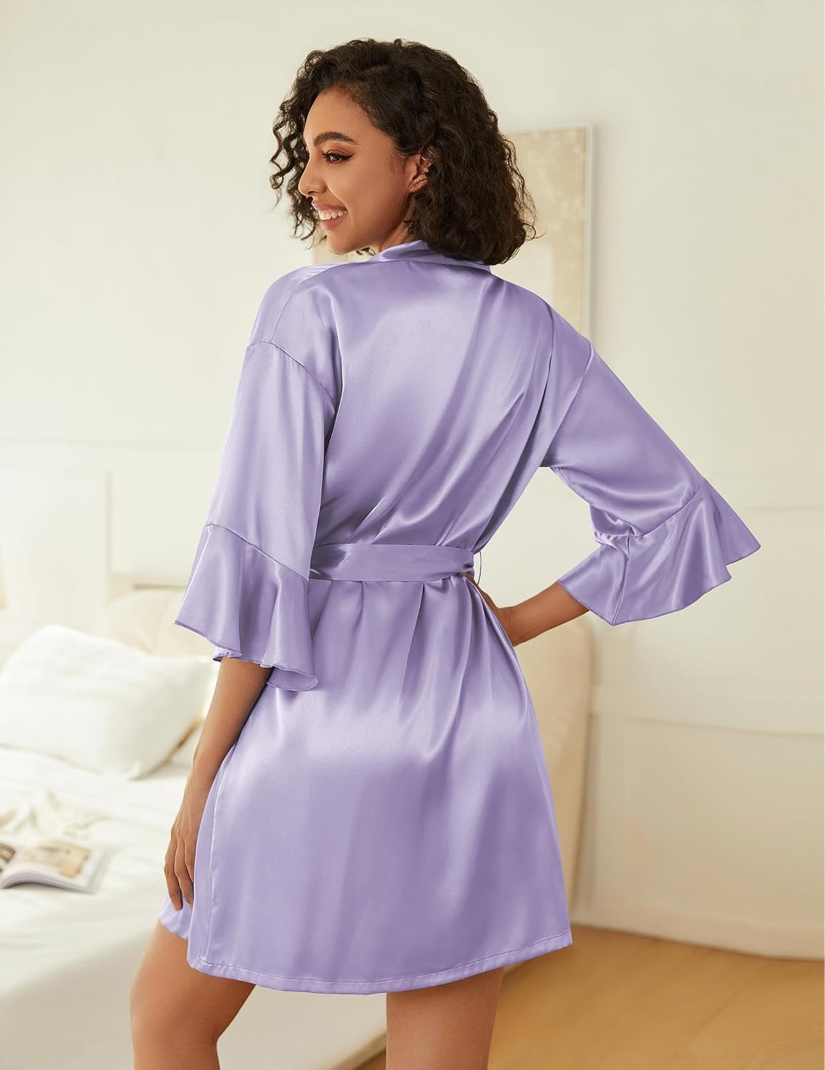 image:imageEkouaer Women Silk Robe Set V Neck 2 Piece Bridal Robe Satin Bathrobe SetLight Purple
