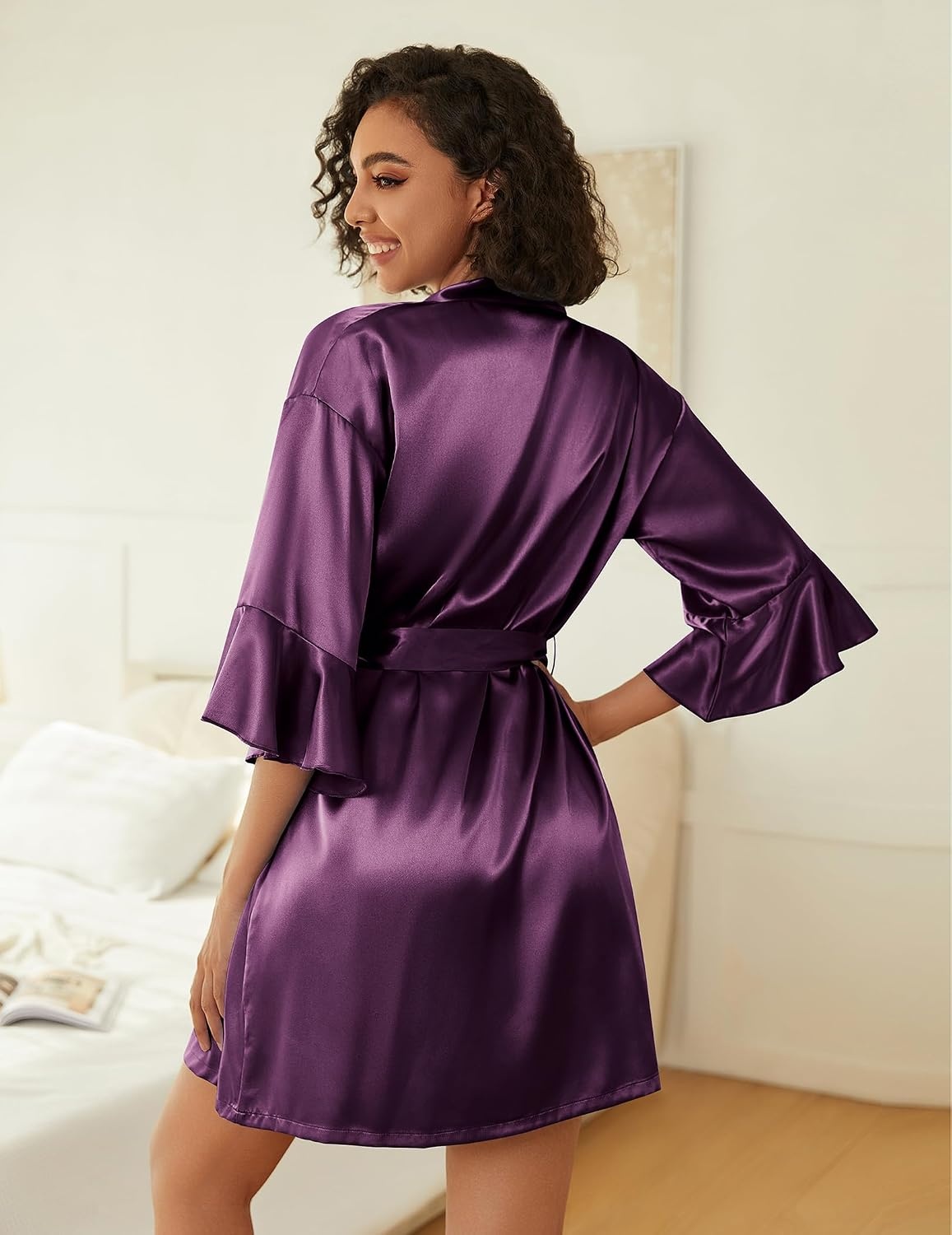 image:imageEkouaer Women Silk Robe Set V Neck 2 Piece Bridal Robe Satin Bathrobe SetPurple