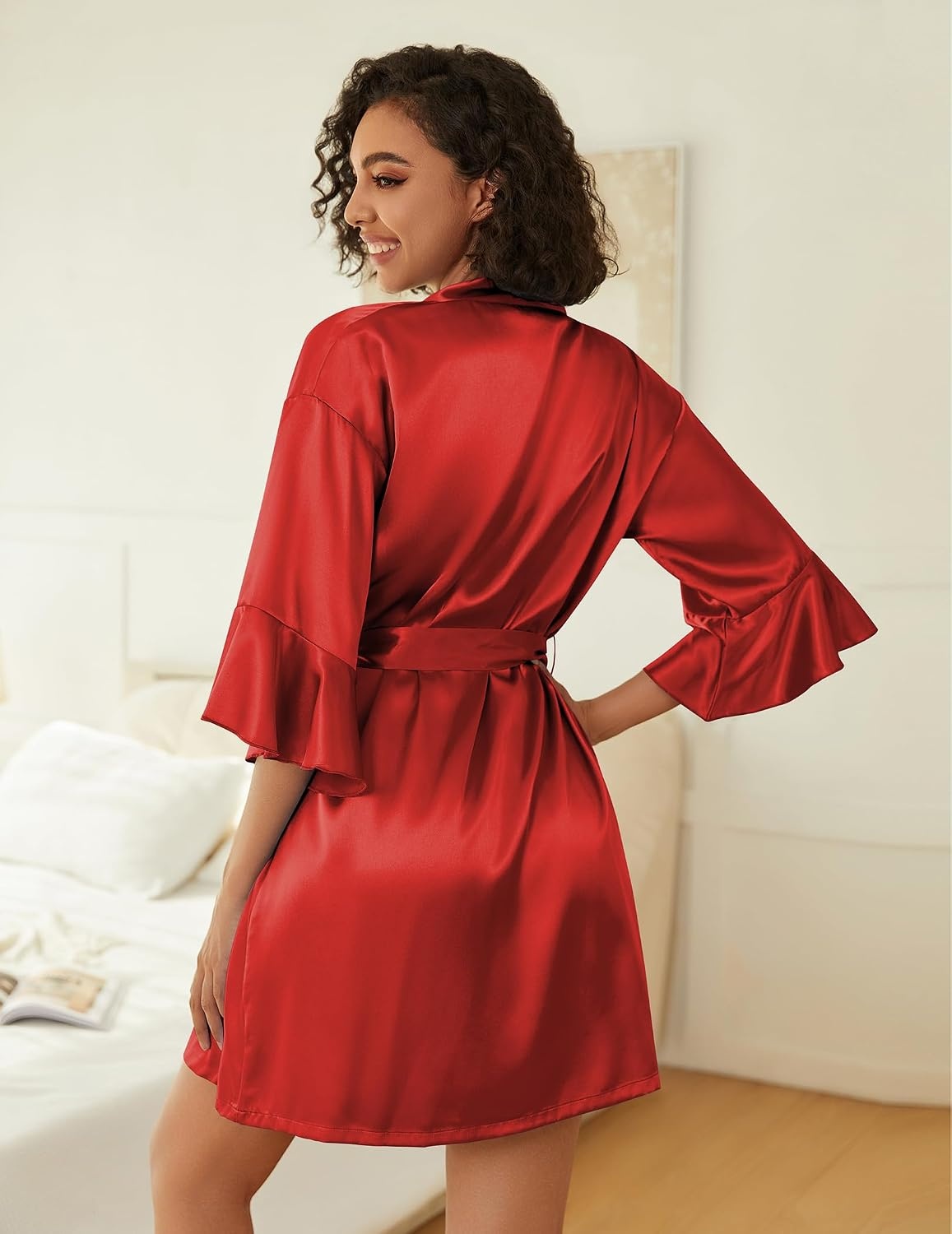 image:imageEkouaer Women Silk Robe Set V Neck 2 Piece Bridal Robe Satin Bathrobe SetRed