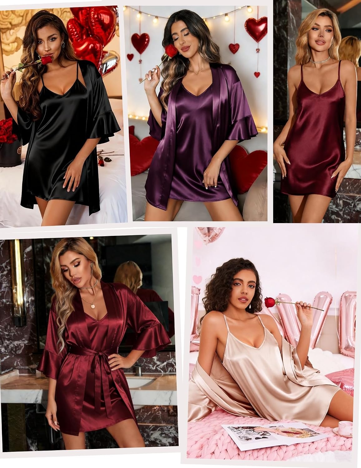 image:imageEkouaer Women Silk Robe Set V Neck 2 Piece Bridal Robe Satin Bathrobe SetRed