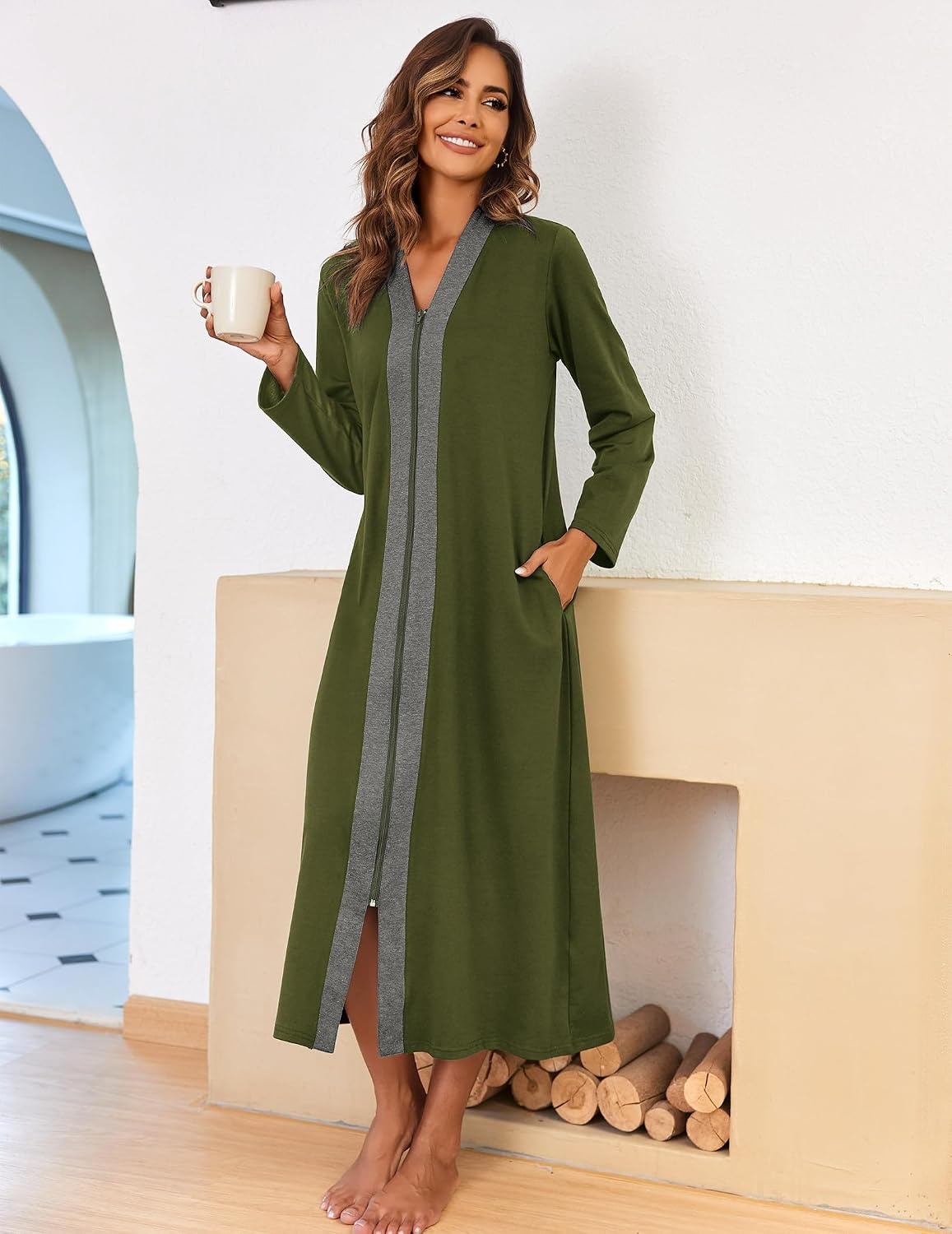 image:imageEkouaer Women Zipper Robe Long Sleeve Housecoat Soft Nightgown with PocketsArmy Green