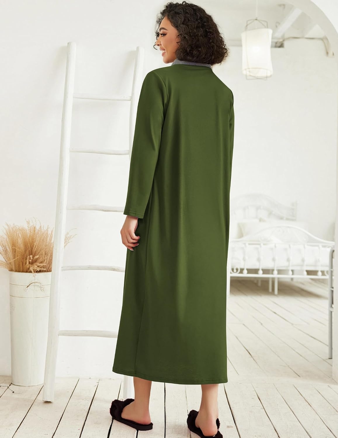 image:imageEkouaer Women Zipper Robe Long Sleeve Housecoat Soft Nightgown with PocketsArmy Green
