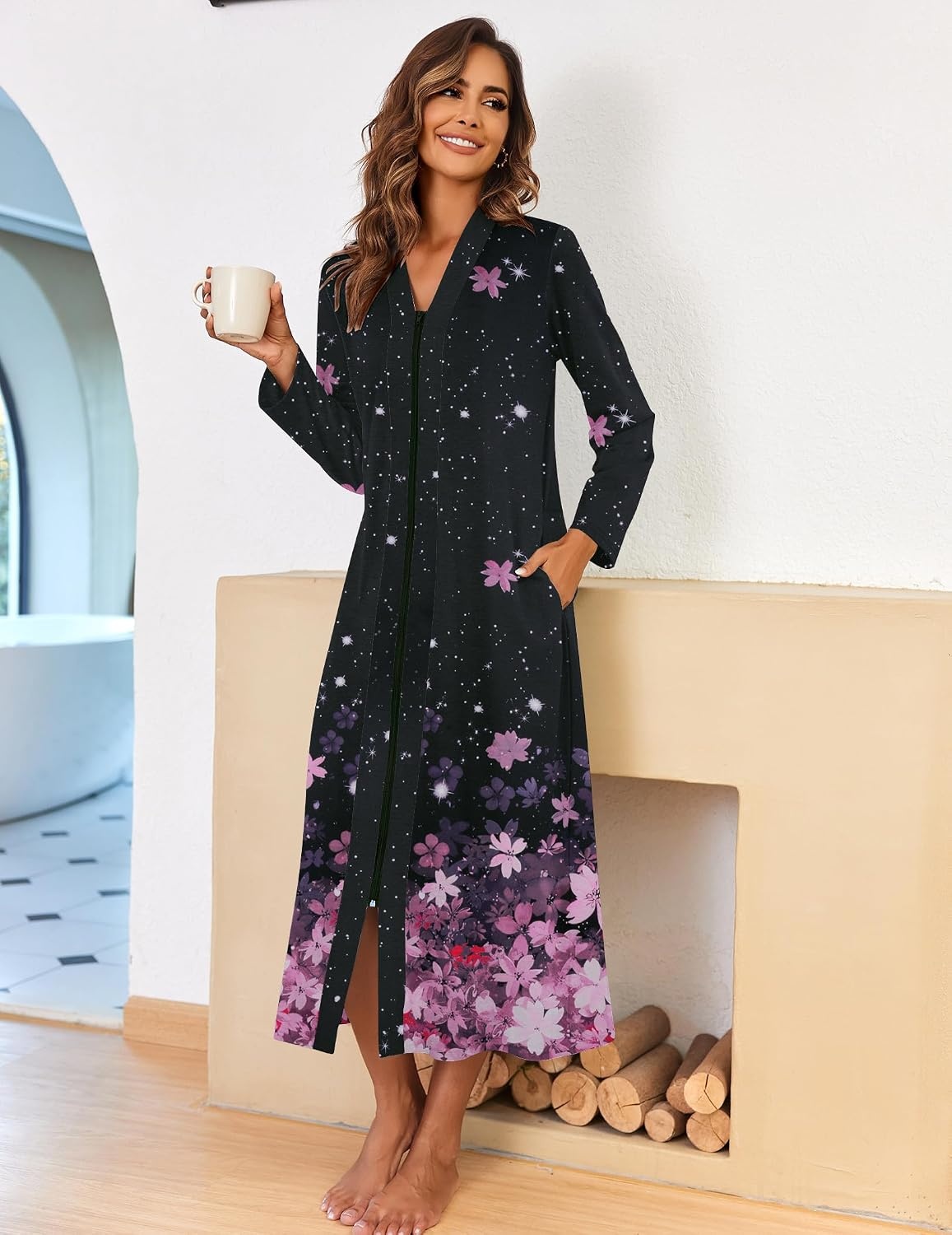 image:imageEkouaer Women Zipper Robe Long Sleeve Housecoat Soft Nightgown with PocketsBlack Sakura