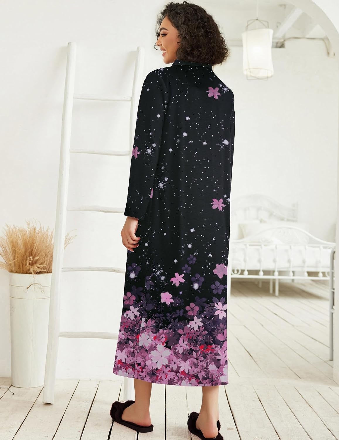 image:imageEkouaer Women Zipper Robe Long Sleeve Housecoat Soft Nightgown with PocketsBlack Sakura