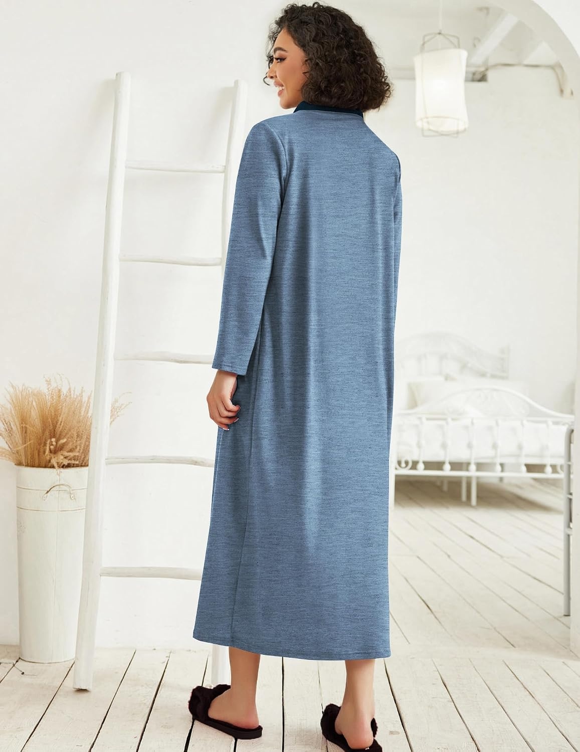 image:imageEkouaer Women Zipper Robe Long Sleeve Housecoat Soft Nightgown with PocketsBlue