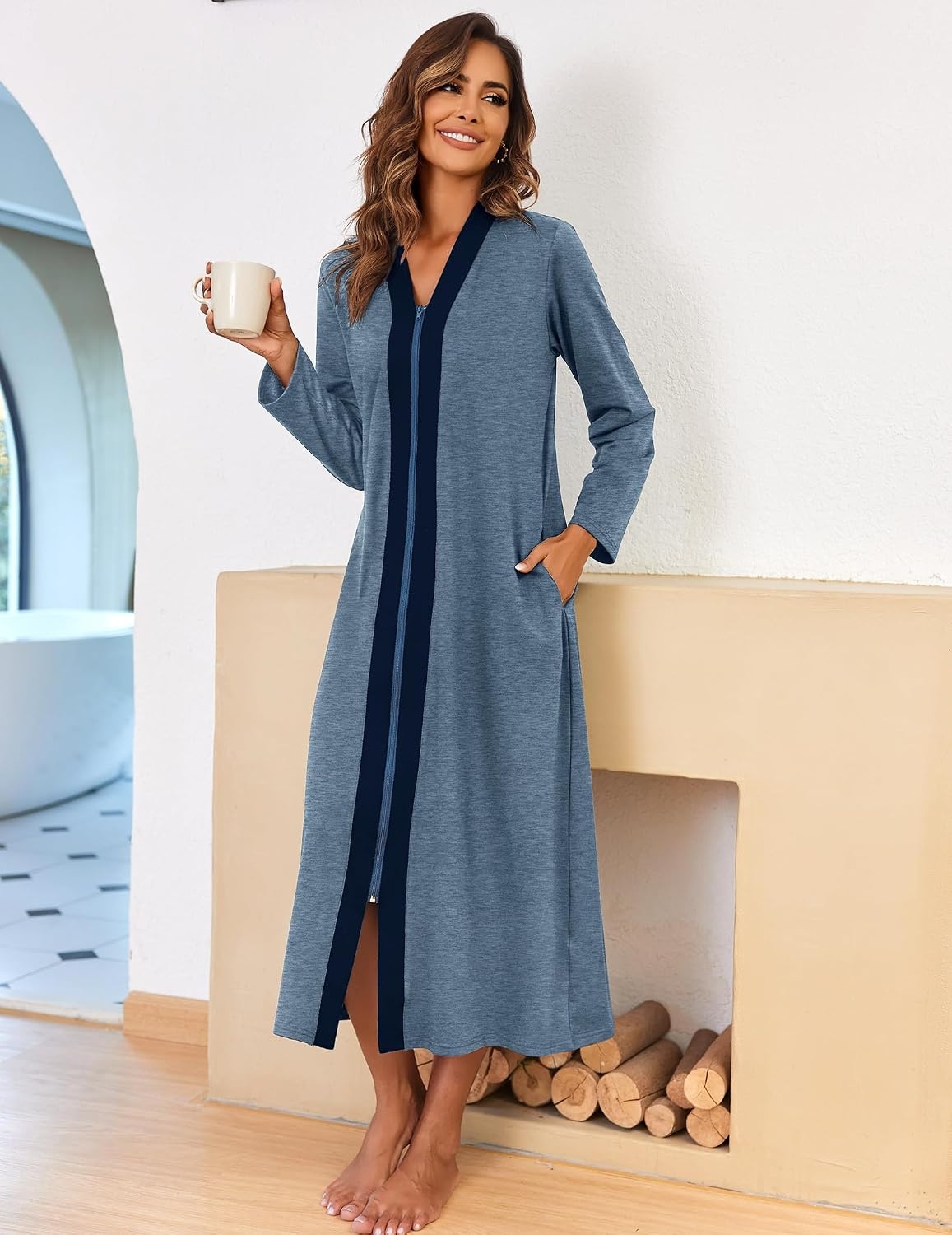 image:imageEkouaer Women Zipper Robe Long Sleeve Housecoat Soft Nightgown with PocketsBlue