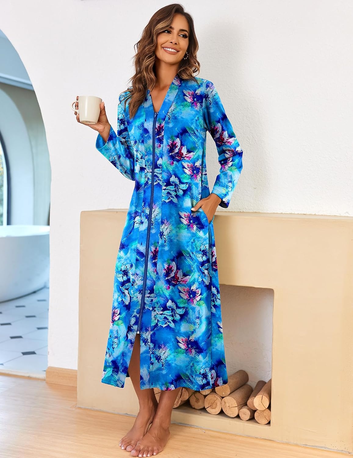 image:imageEkouaer Women Zipper Robe Long Sleeve Housecoat Soft Nightgown with PocketsBlue Floral