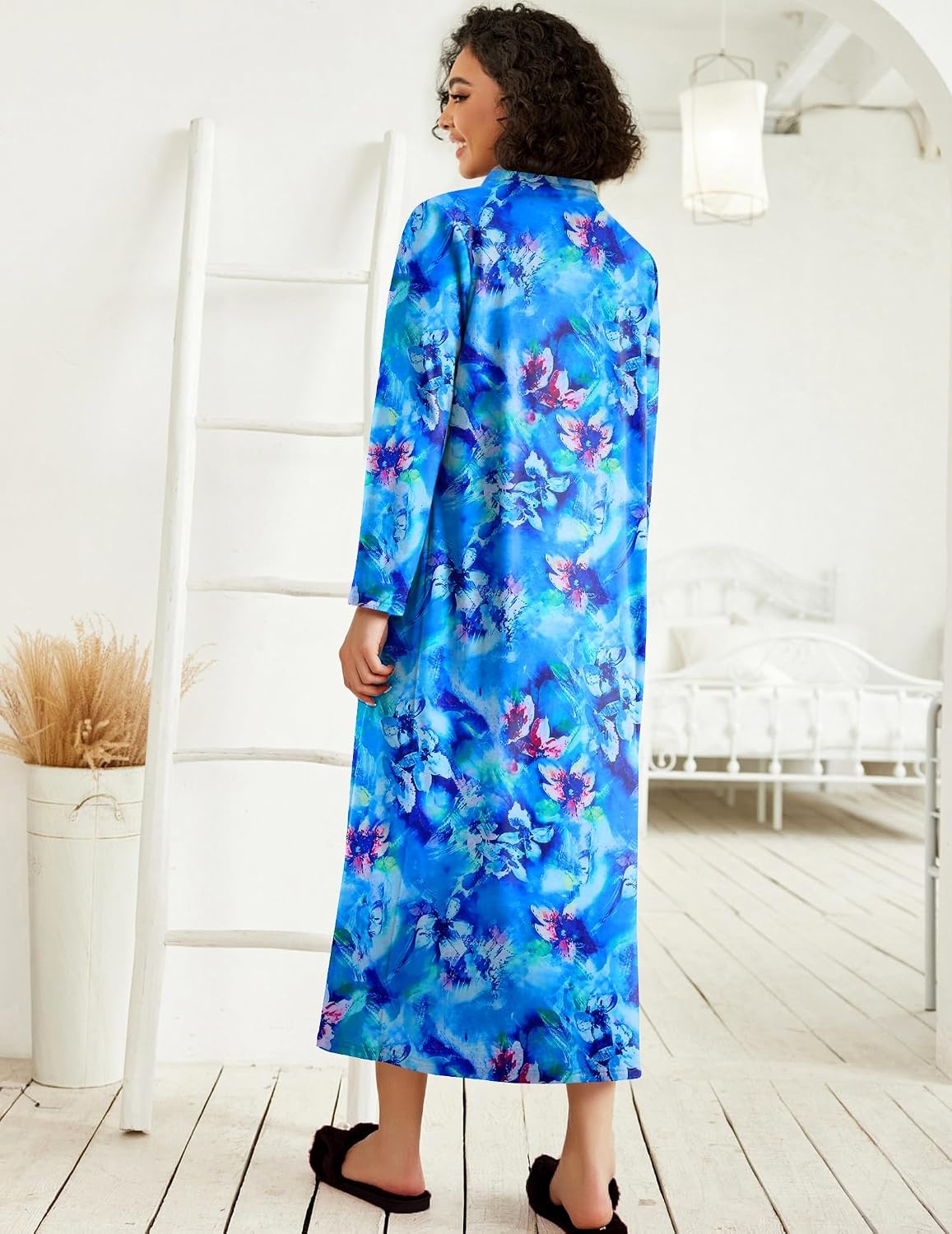 image:imageEkouaer Women Zipper Robe Long Sleeve Housecoat Soft Nightgown with PocketsBlue Floral