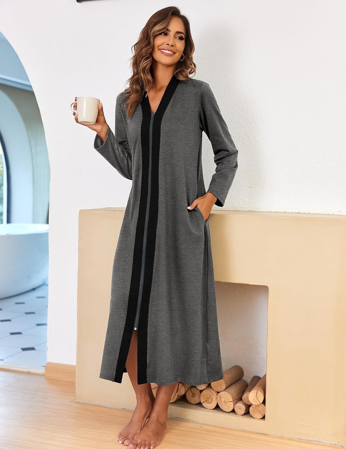 image:imageEkouaer Women Zipper Robe Long Sleeve Housecoat Soft Nightgown with PocketsDark Gray Black