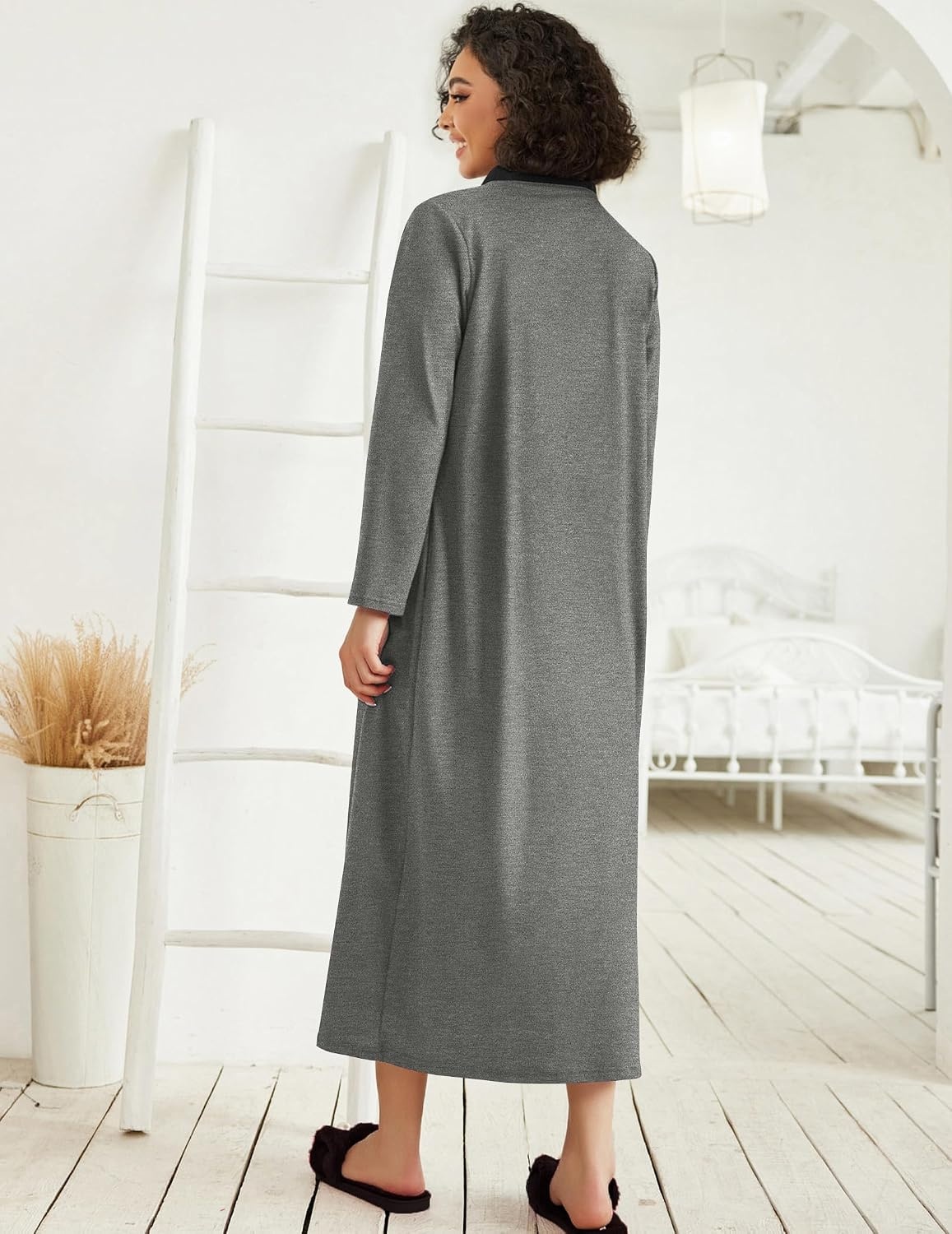 image:imageEkouaer Women Zipper Robe Long Sleeve Housecoat Soft Nightgown with PocketsDark Gray Black