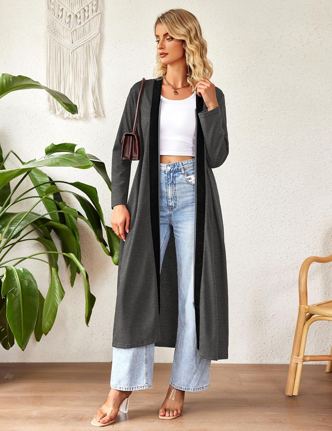 image:imageEkouaer Women Zipper Robe Long Sleeve Housecoat Soft Nightgown with PocketsDark Gray Black