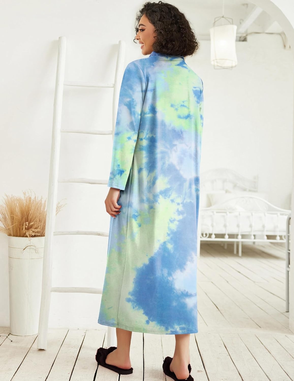 image:imageEkouaer Women Zipper Robe Long Sleeve Housecoat Soft Nightgown with PocketsGreen Tie Dye