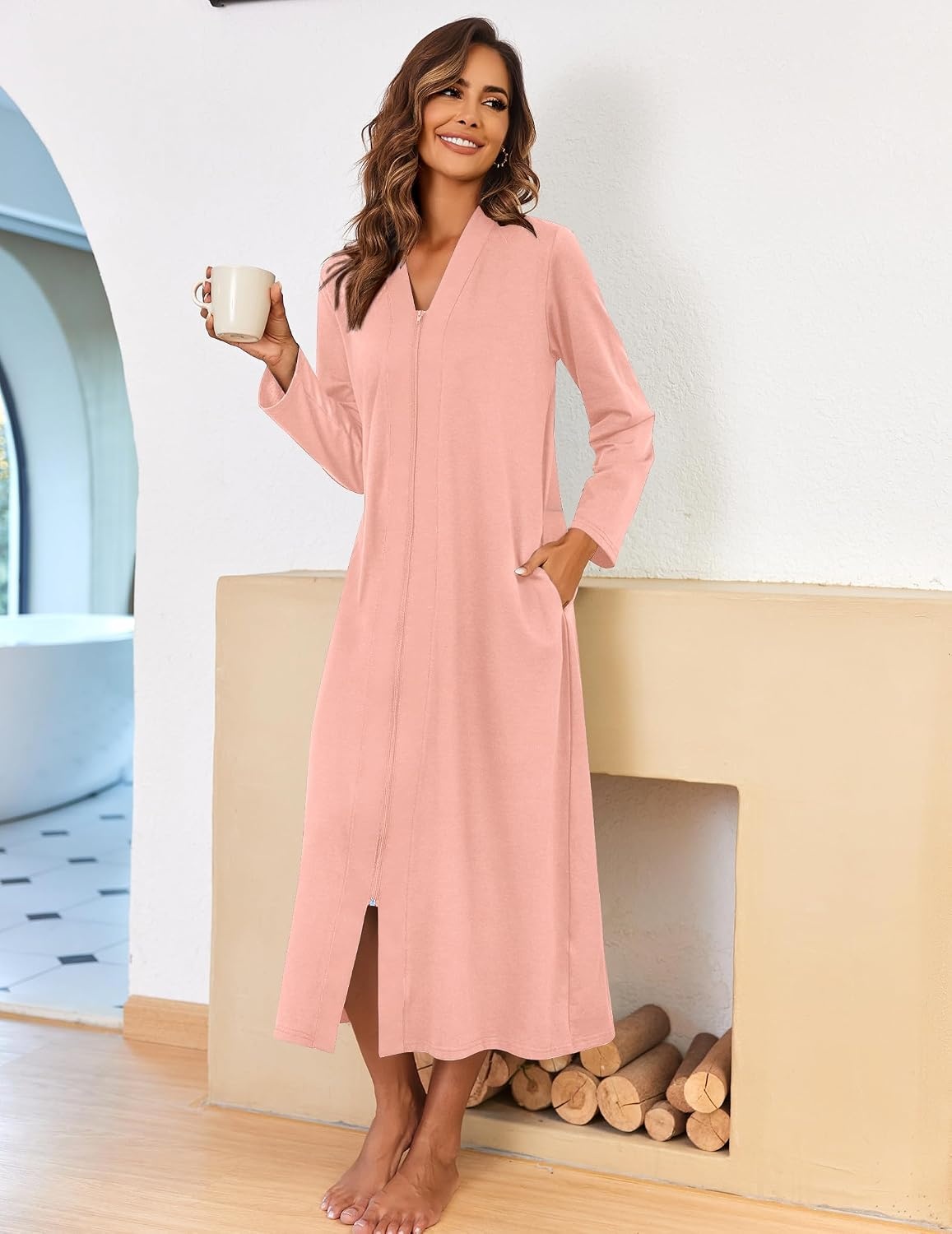 image:imageEkouaer Women Zipper Robe Long Sleeve Housecoat Soft Nightgown with PocketsLight Coralline
