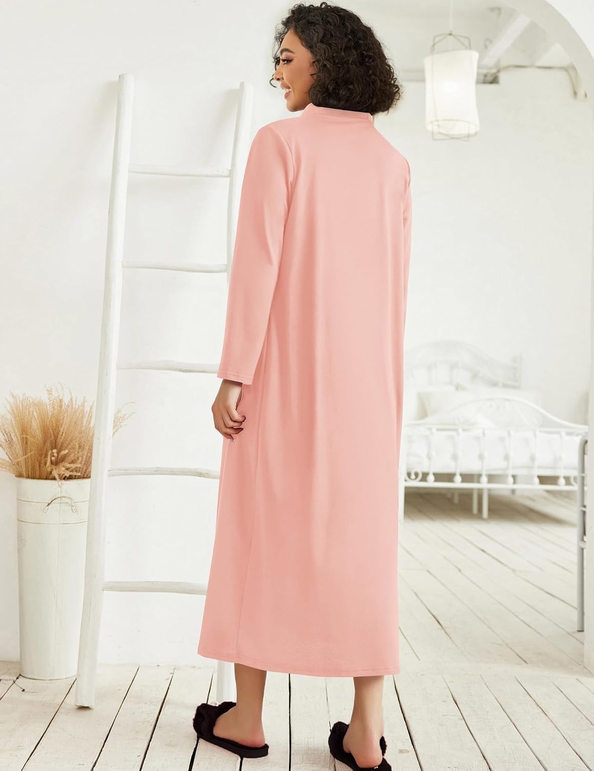 image:imageEkouaer Women Zipper Robe Long Sleeve Housecoat Soft Nightgown with PocketsLight Coralline
