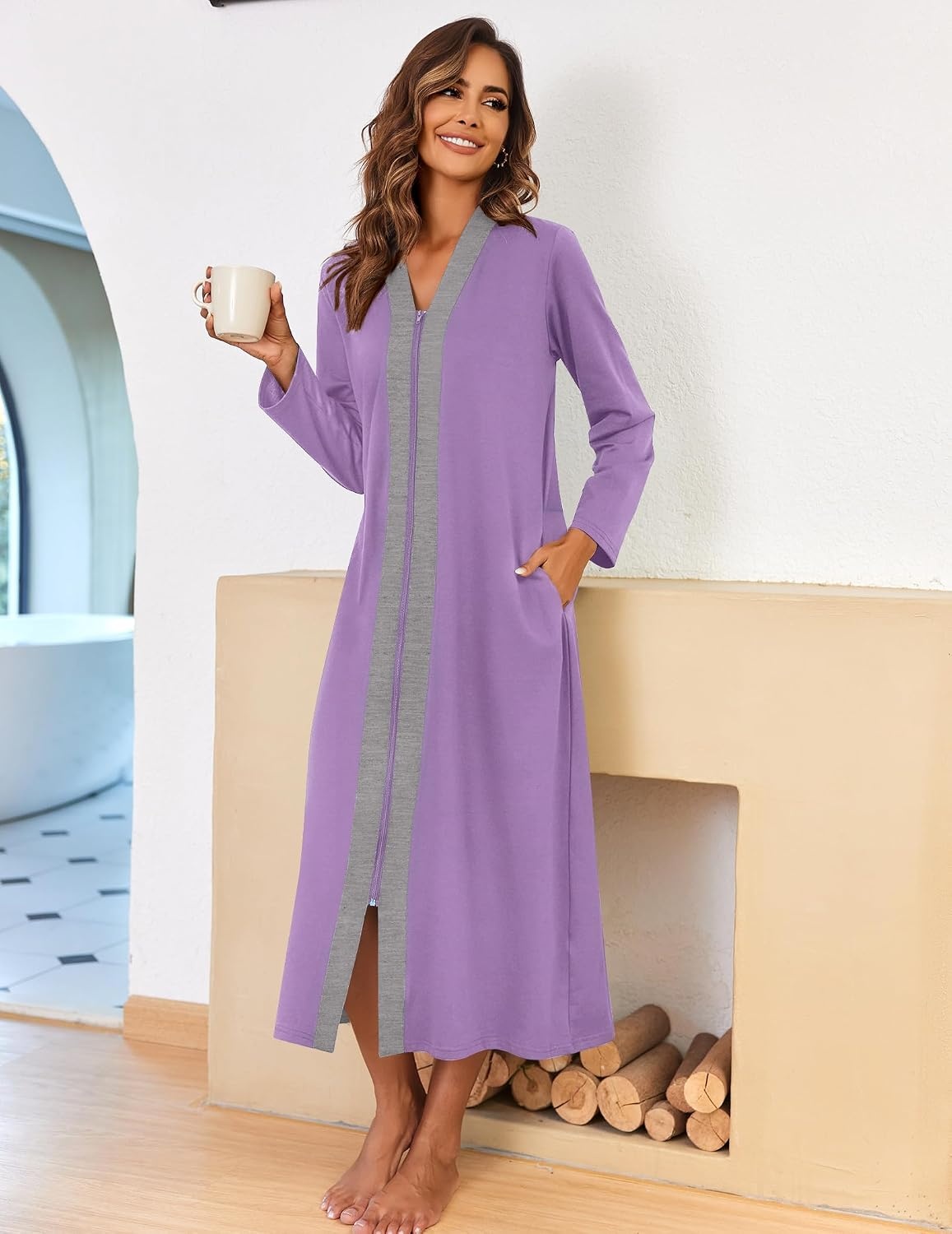 image:imageEkouaer Women Zipper Robe Long Sleeve Housecoat Soft Nightgown with PocketsLight Purple