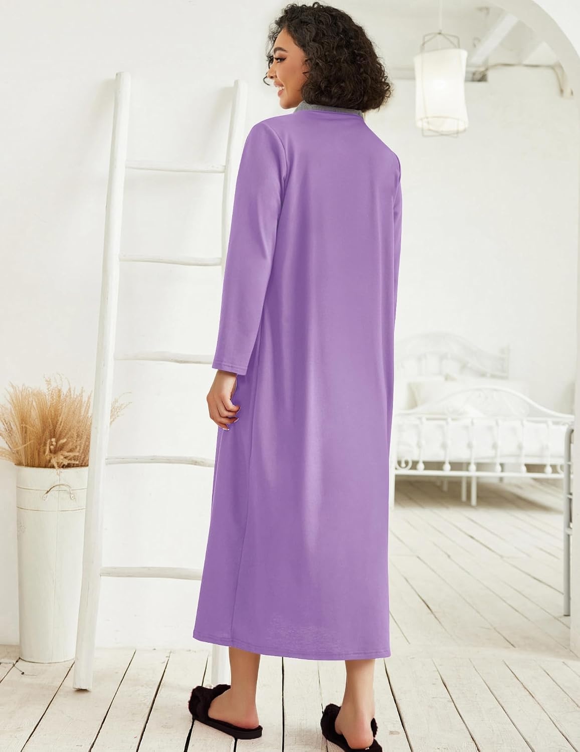 image:imageEkouaer Women Zipper Robe Long Sleeve Housecoat Soft Nightgown with PocketsLight Purple