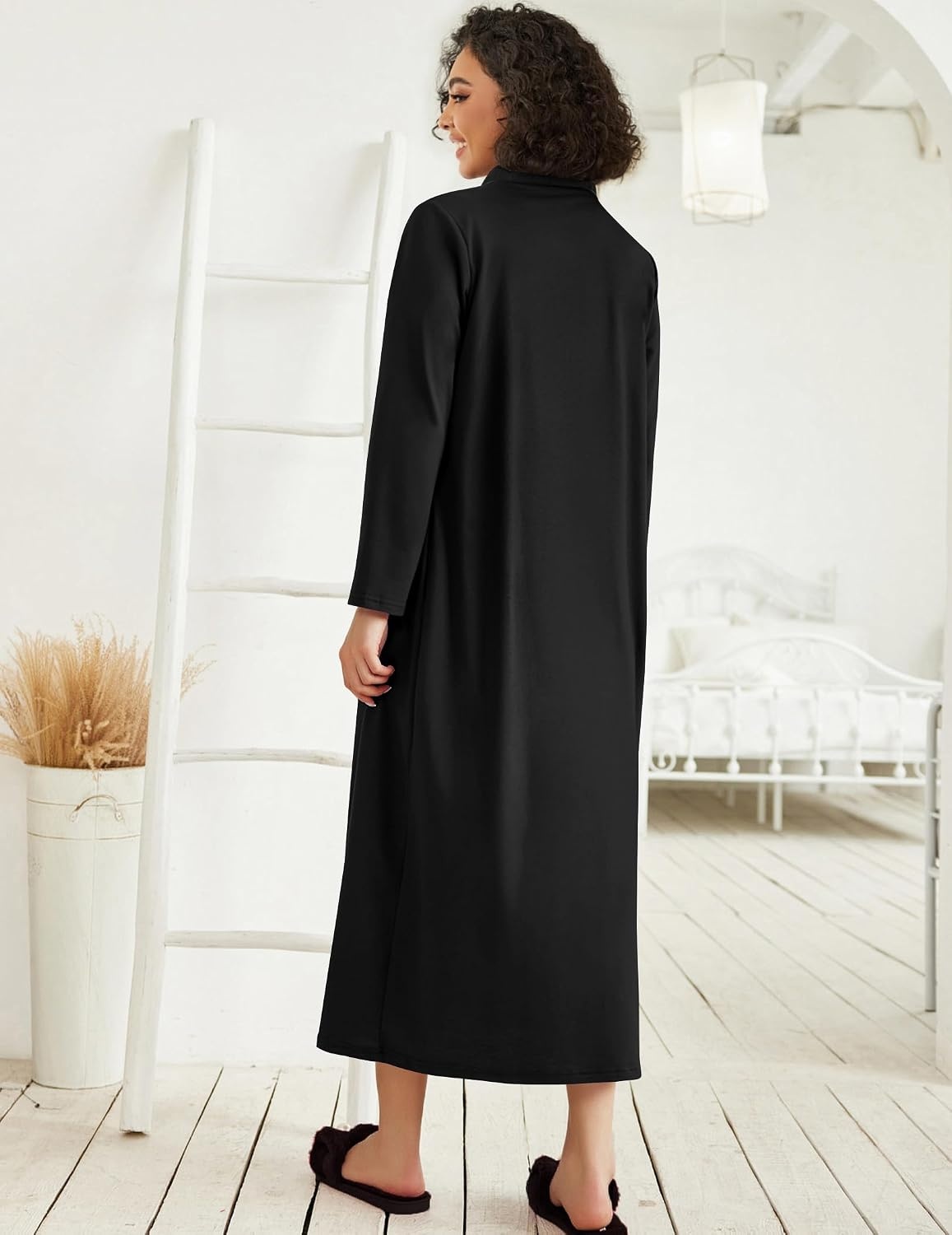 image:imageEkouaer Women Zipper Robe Long Sleeve Housecoat Soft Nightgown with PocketsPure Black
