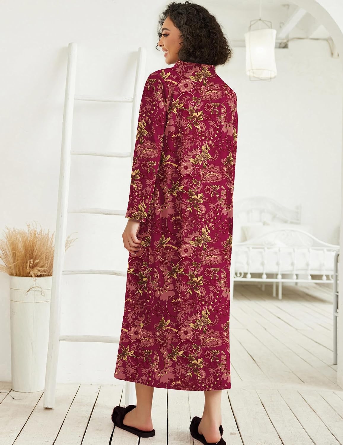 image:imageEkouaer Women Zipper Robe Long Sleeve Housecoat Soft Nightgown with PocketsRed Floral