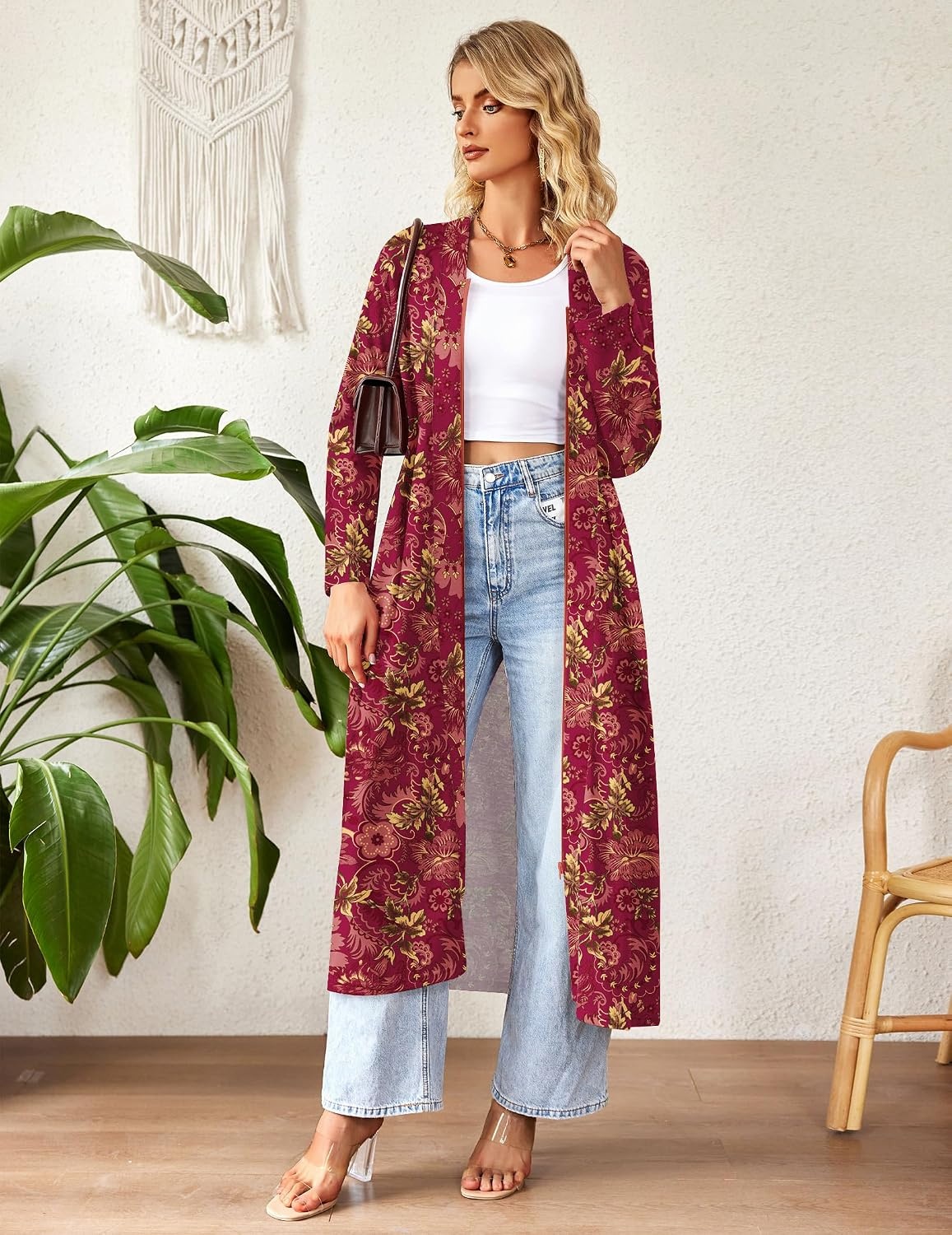 image:imageEkouaer Women Zipper Robe Long Sleeve Housecoat Soft Nightgown with PocketsRed Floral
