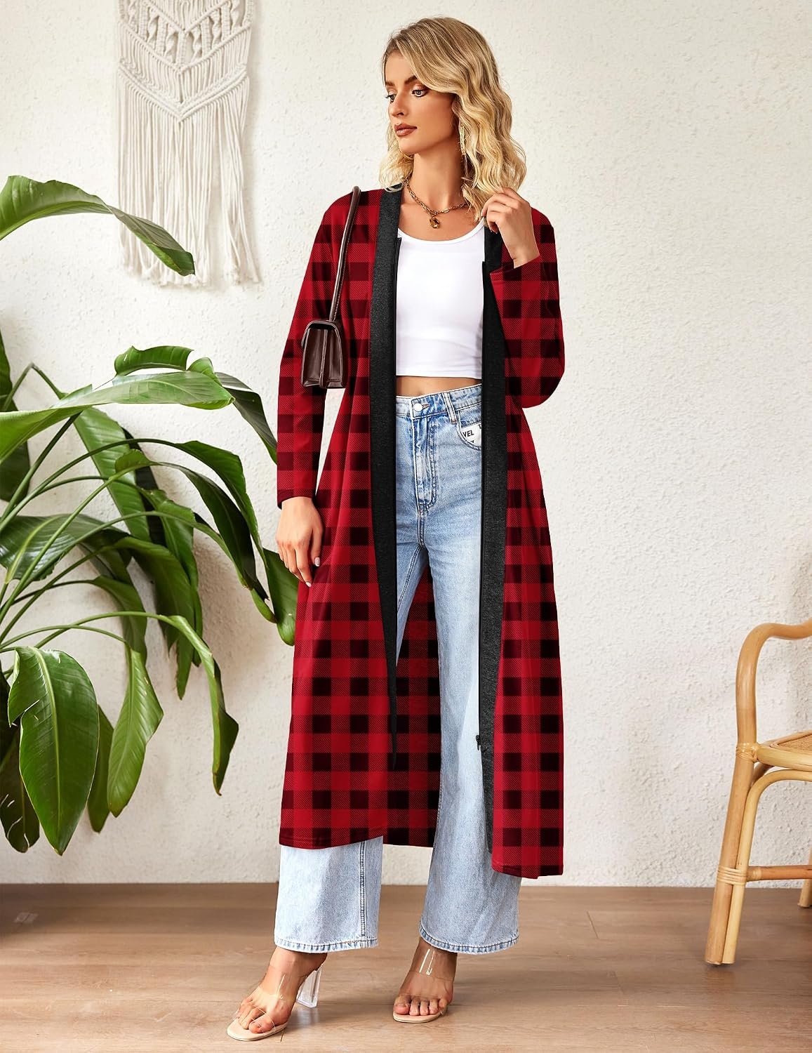 image:imageEkouaer Women Zipper Robe Long Sleeve Housecoat Soft Nightgown with PocketsRed and Black Plaid