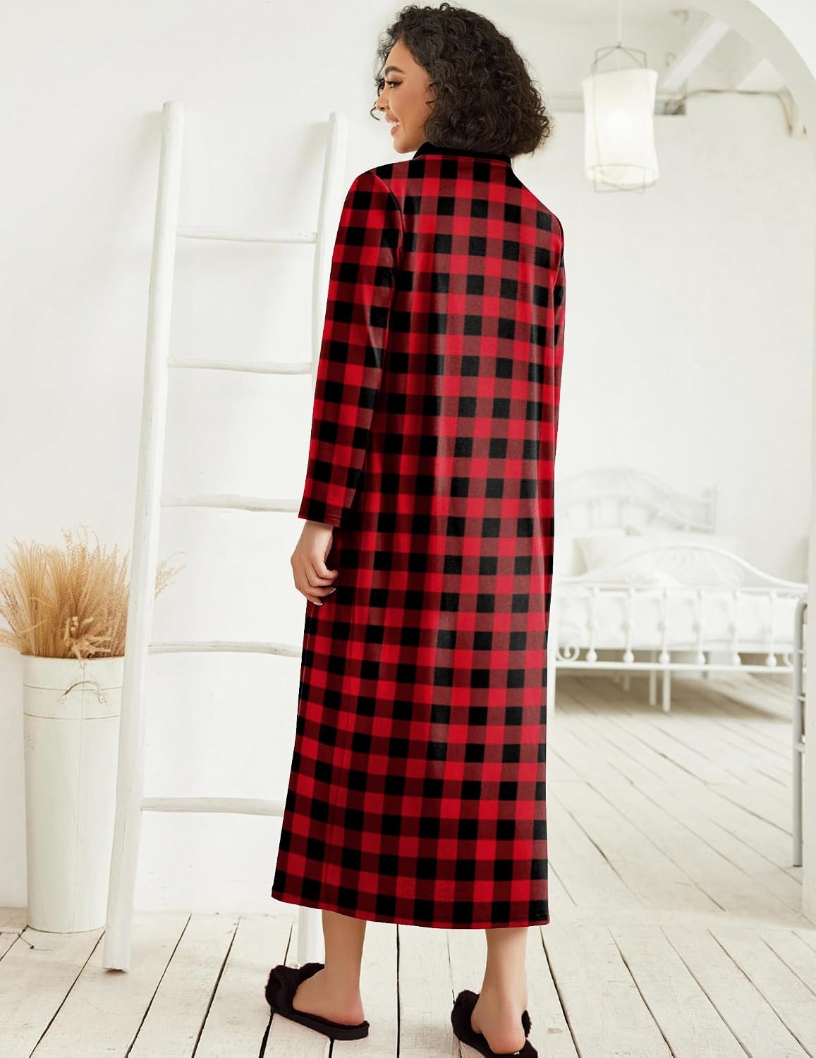 image:imageEkouaer Women Zipper Robe Long Sleeve Housecoat Soft Nightgown with PocketsRed and Black Plaid
