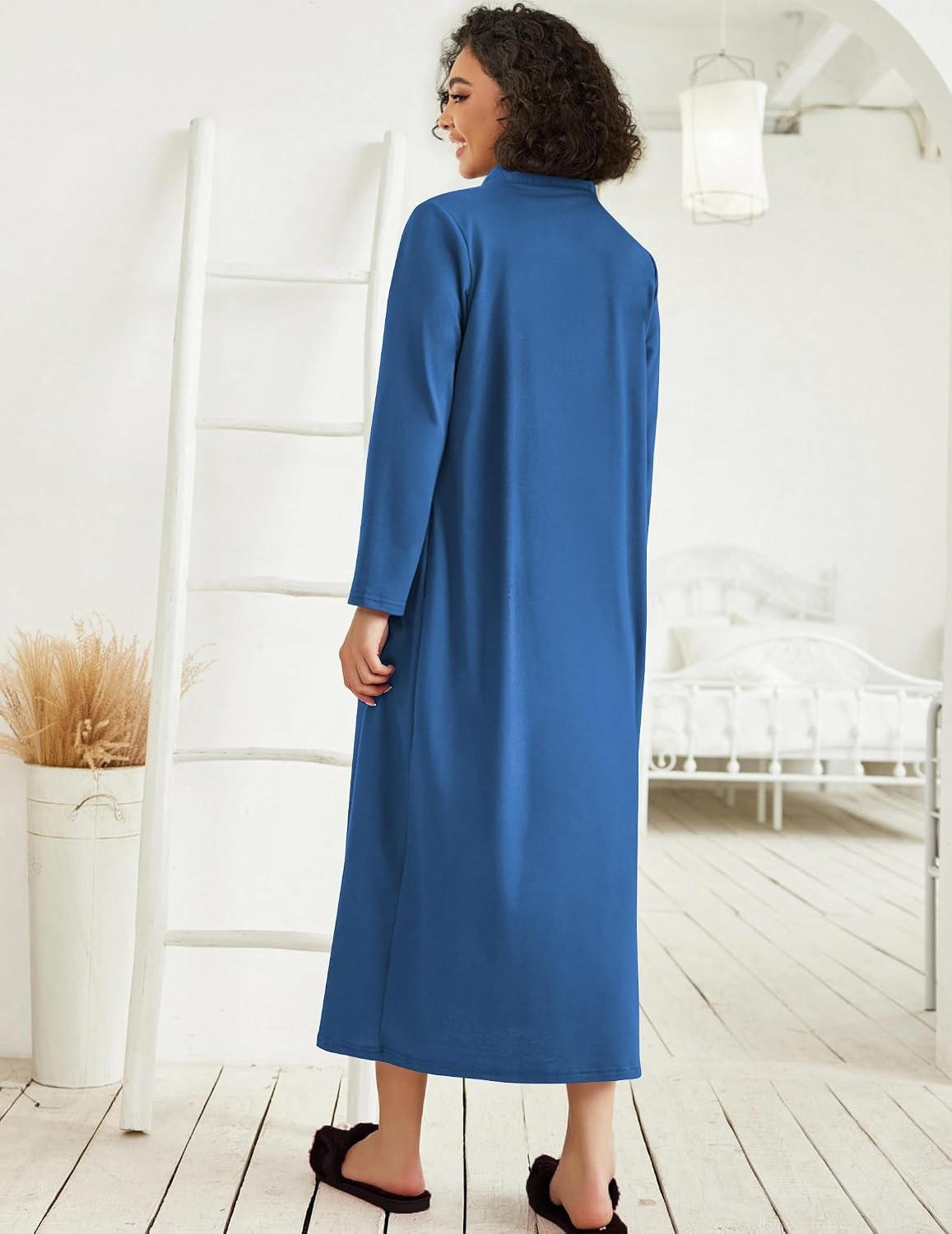 image:imageEkouaer Women Zipper Robe Long Sleeve Housecoat Soft Nightgown with PocketsSolid Navy