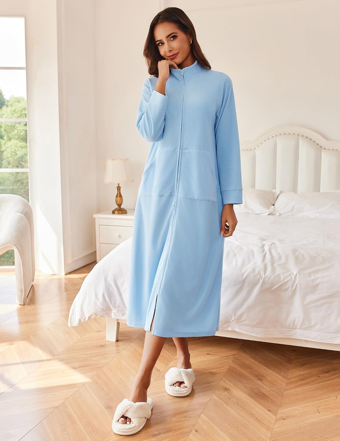 image:imageEkouaer Women Zipper Robe Long Sleeves House Coat Soft Bathrobe HousecoatAlight Blue