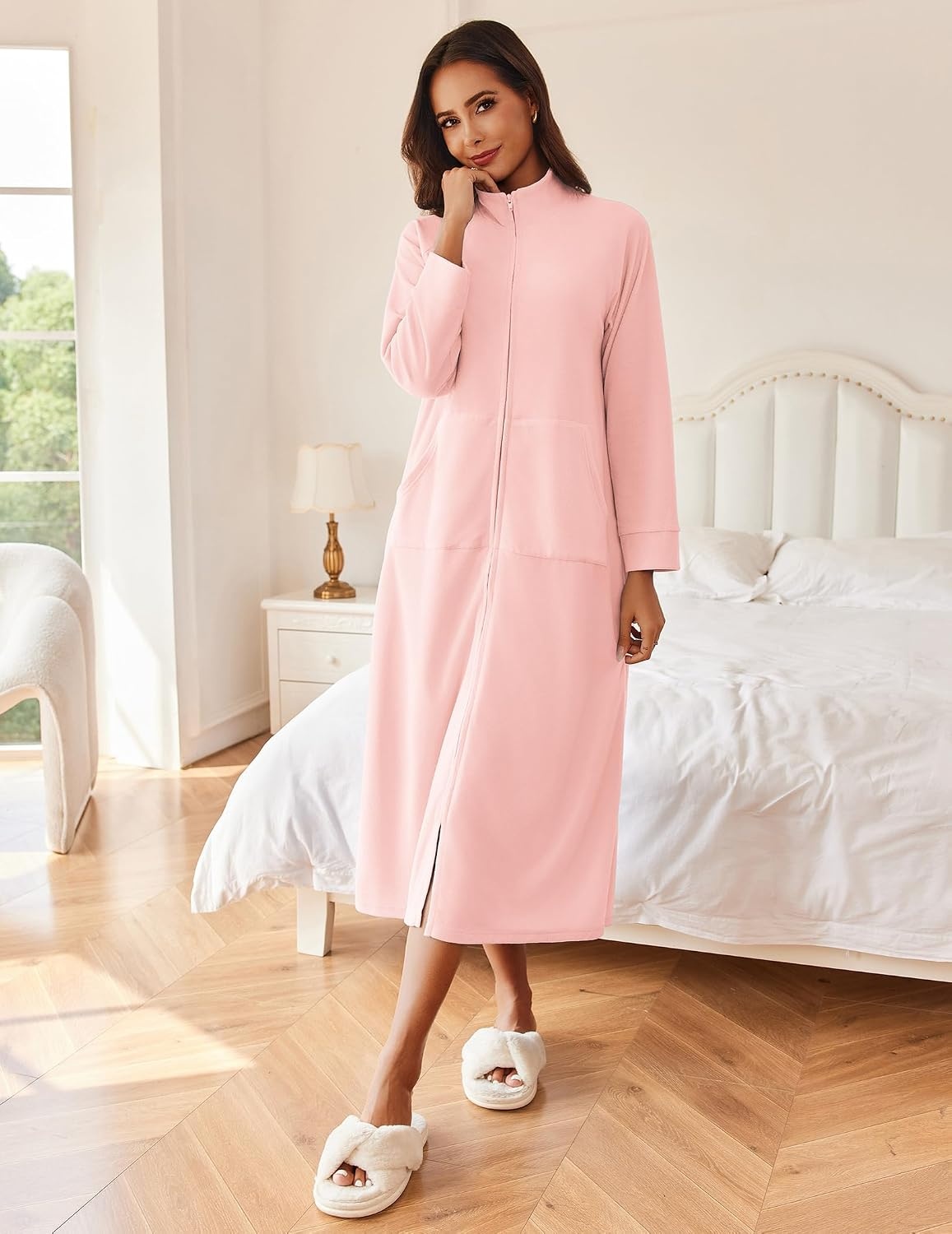 image:imageEkouaer Women Zipper Robe Long Sleeves House Coat Soft Bathrobe HousecoatAlight Pink