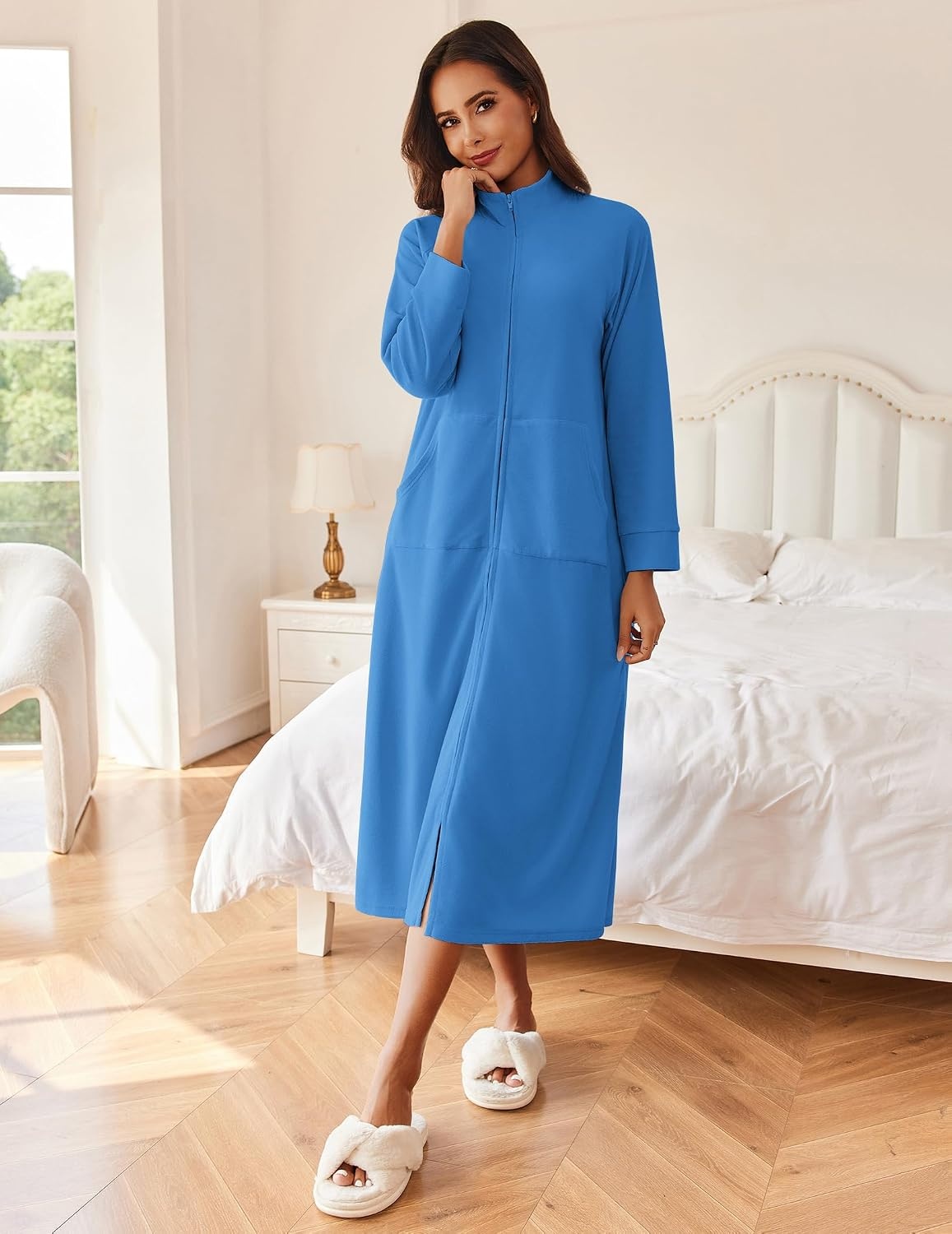 image:imageEkouaer Women Zipper Robe Long Sleeves House Coat Soft Bathrobe HousecoatBlue