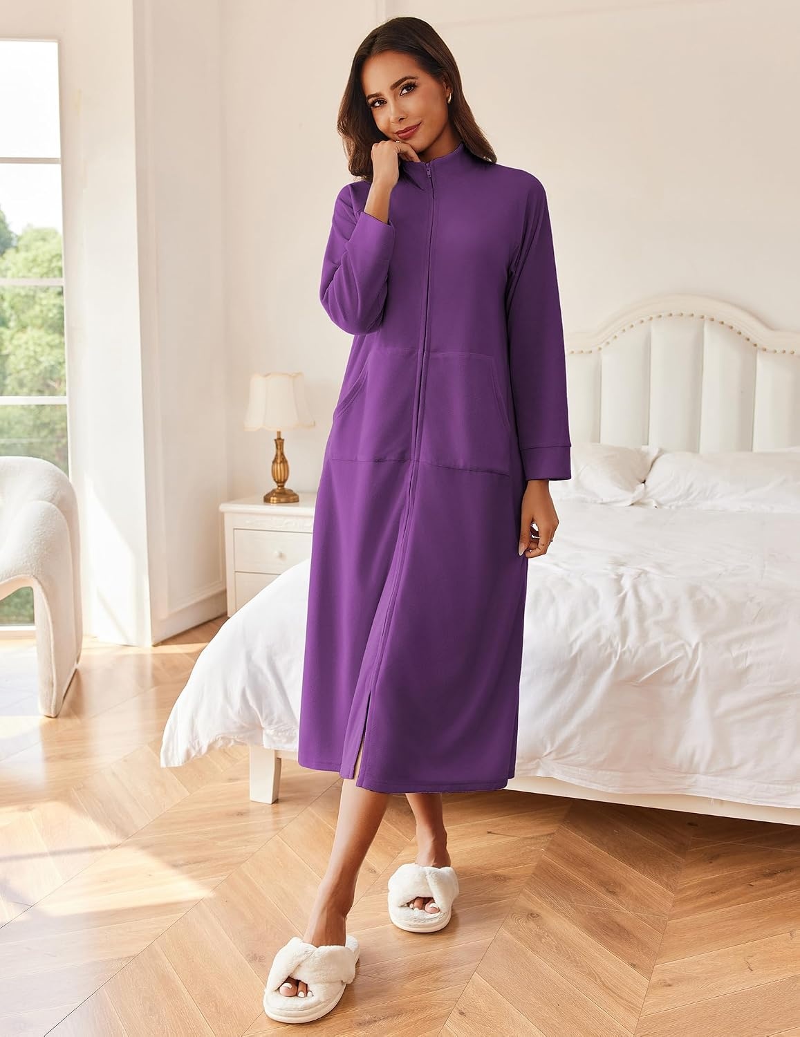 image:imageEkouaer Women Zipper Robe Long Sleeves House Coat Soft Bathrobe HousecoatBright Purple