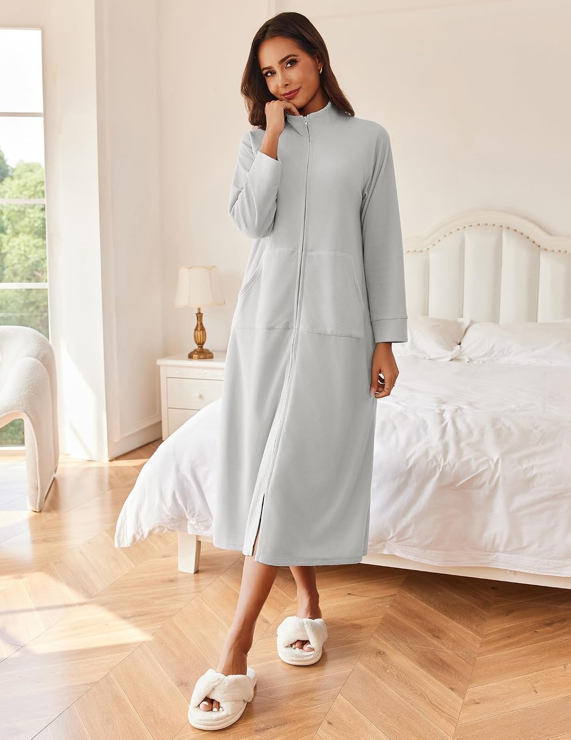 image:imageEkouaer Women Zipper Robe Long Sleeves House Coat Soft Bathrobe HousecoatLight Gray