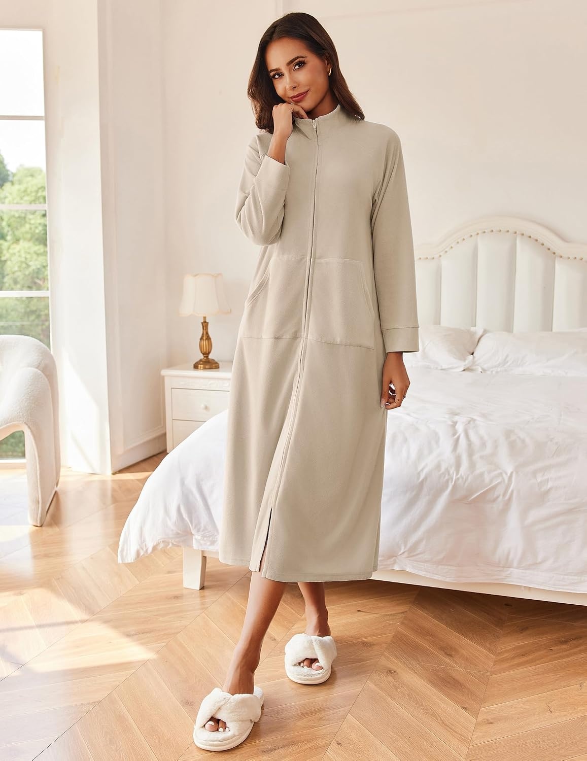 image:imageEkouaer Women Zipper Robe Long Sleeves House Coat Soft Bathrobe HousecoatLight Khaki